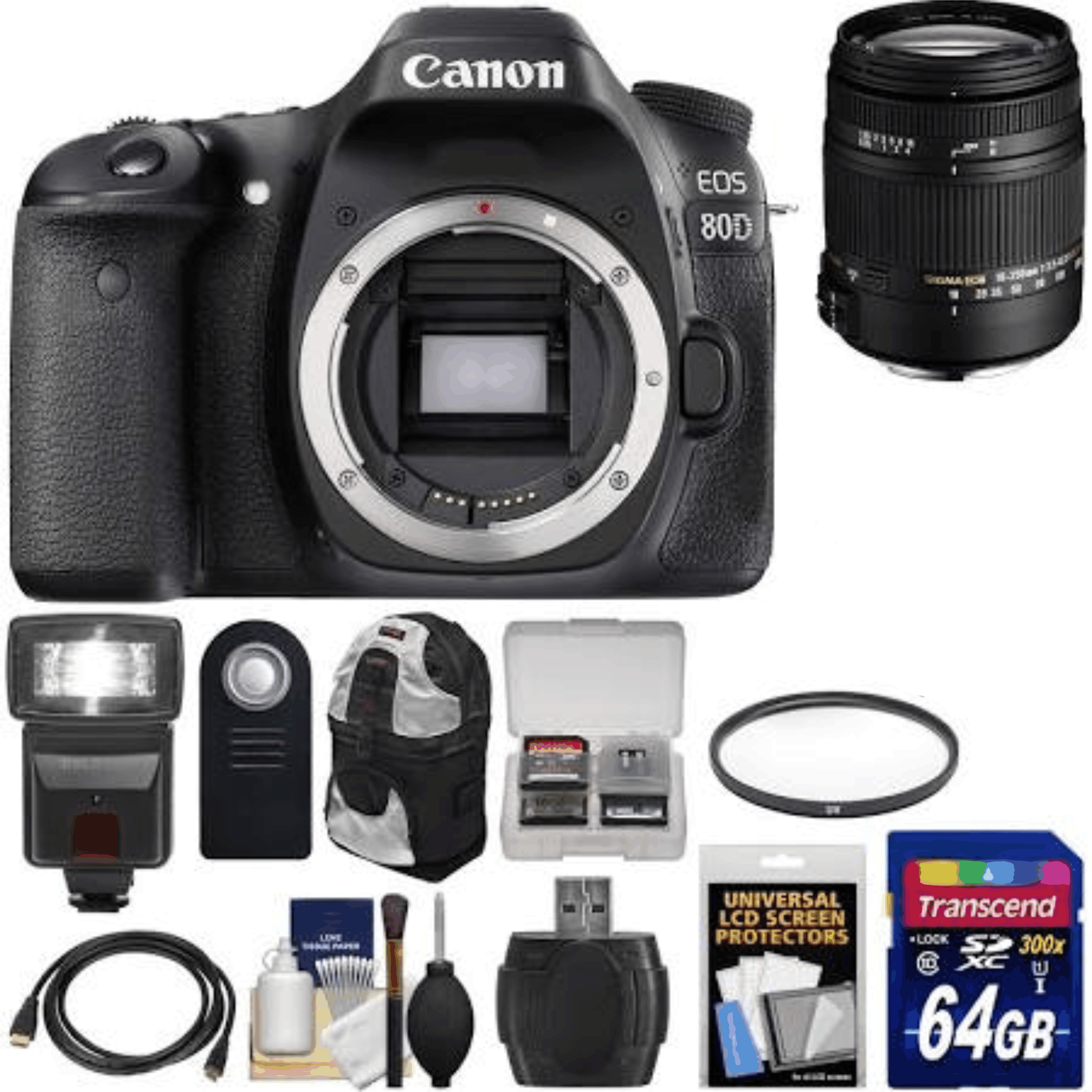 Canon EOS 80D Wi-Fi Digital SLR Camera Body with Sigma 18-250mm OS Lens + 64GB Card  + Backpack + Flash + Kit 37