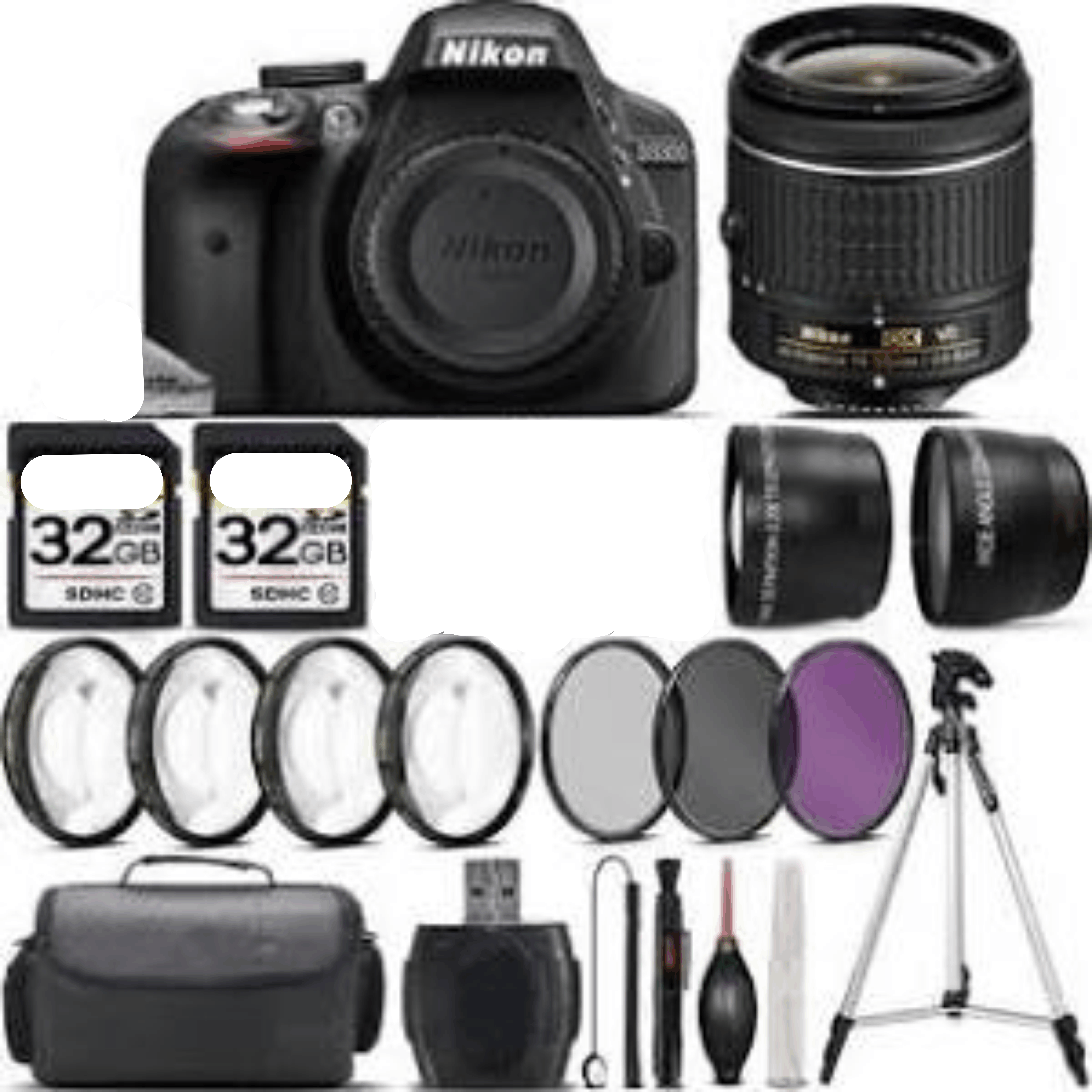 Nikon D3300 DSLR Camera with 18-55mm VR Lens + 4pc Macro Kit + Uv-cpl-fld + 64GB kit 39