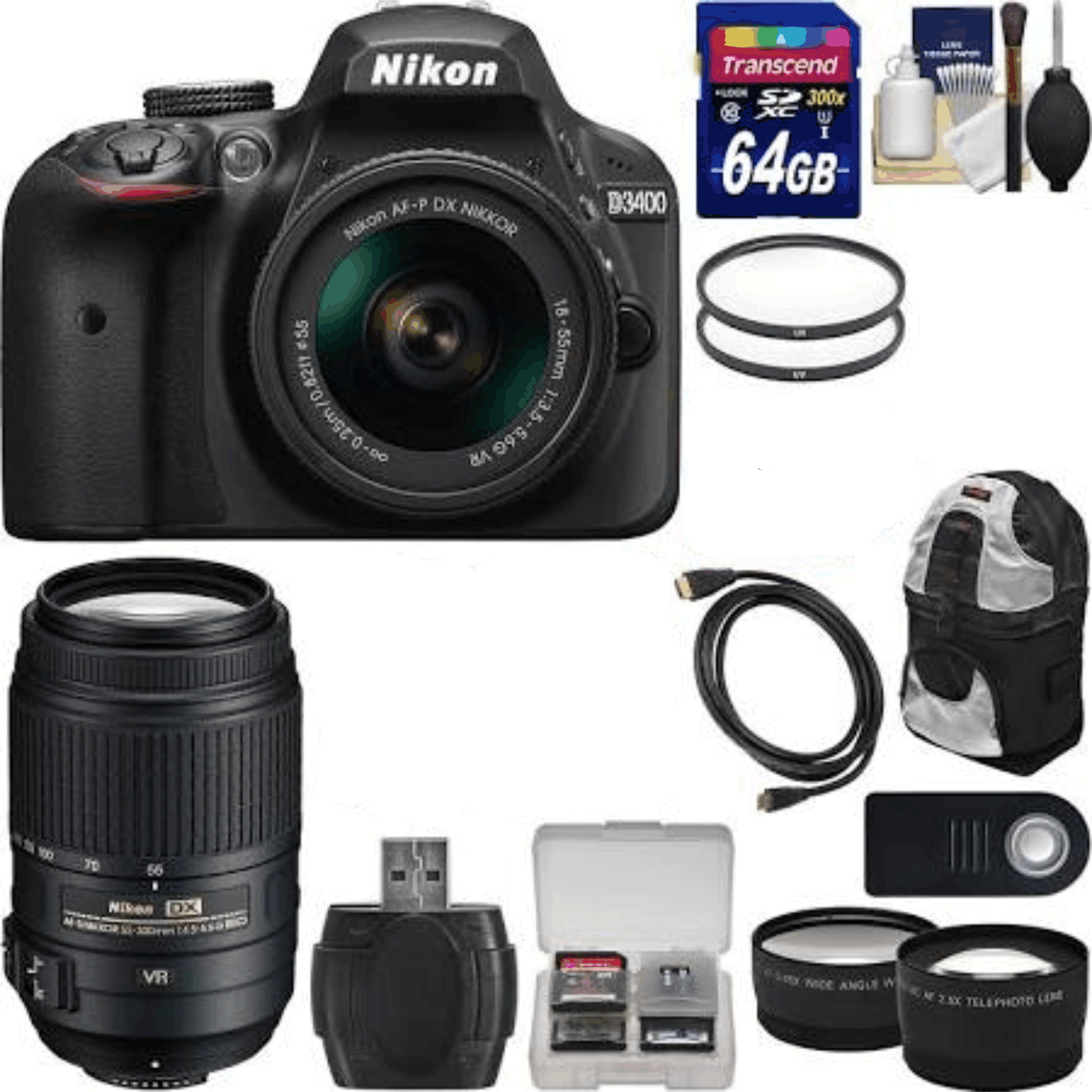 Nikon D3400 Digital SLR Camera & 18-55mm VR DX AF-P Zoom (Black) with 55-300mm VR Lens + 64GB Card + Backpack + Tele/Wide Lens Kit 3