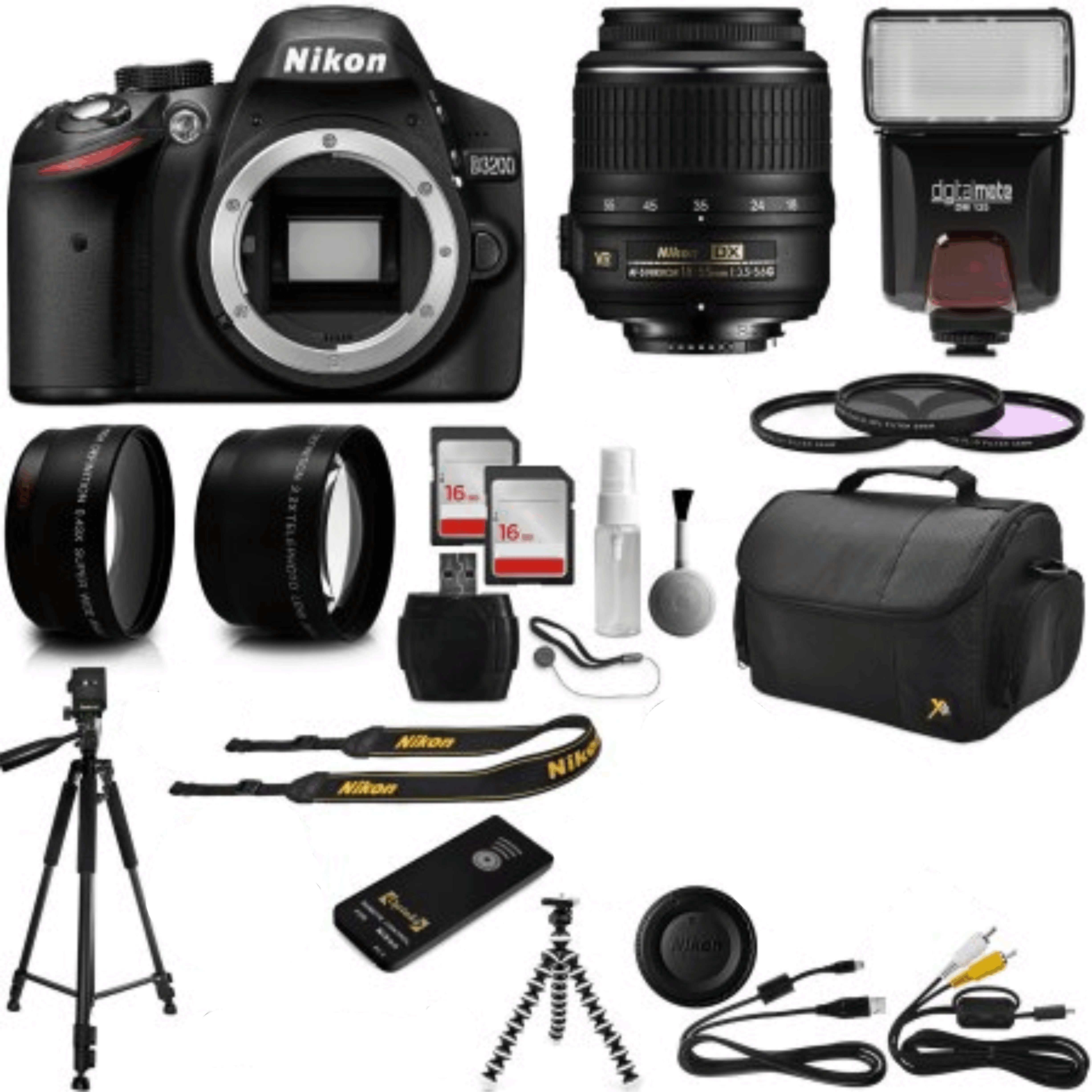 Nikon D3200 Digital SLR Camera + 18-55mm AF-S DX Nikkor VR + 2.2X Telephoto and 0.43X Macro Lens Kit + 32GB Memory + Bounce Swivel Flash + Tripod + Padded Case Bag + UV CPL FLD Filter Bundle + Remote KIT 3