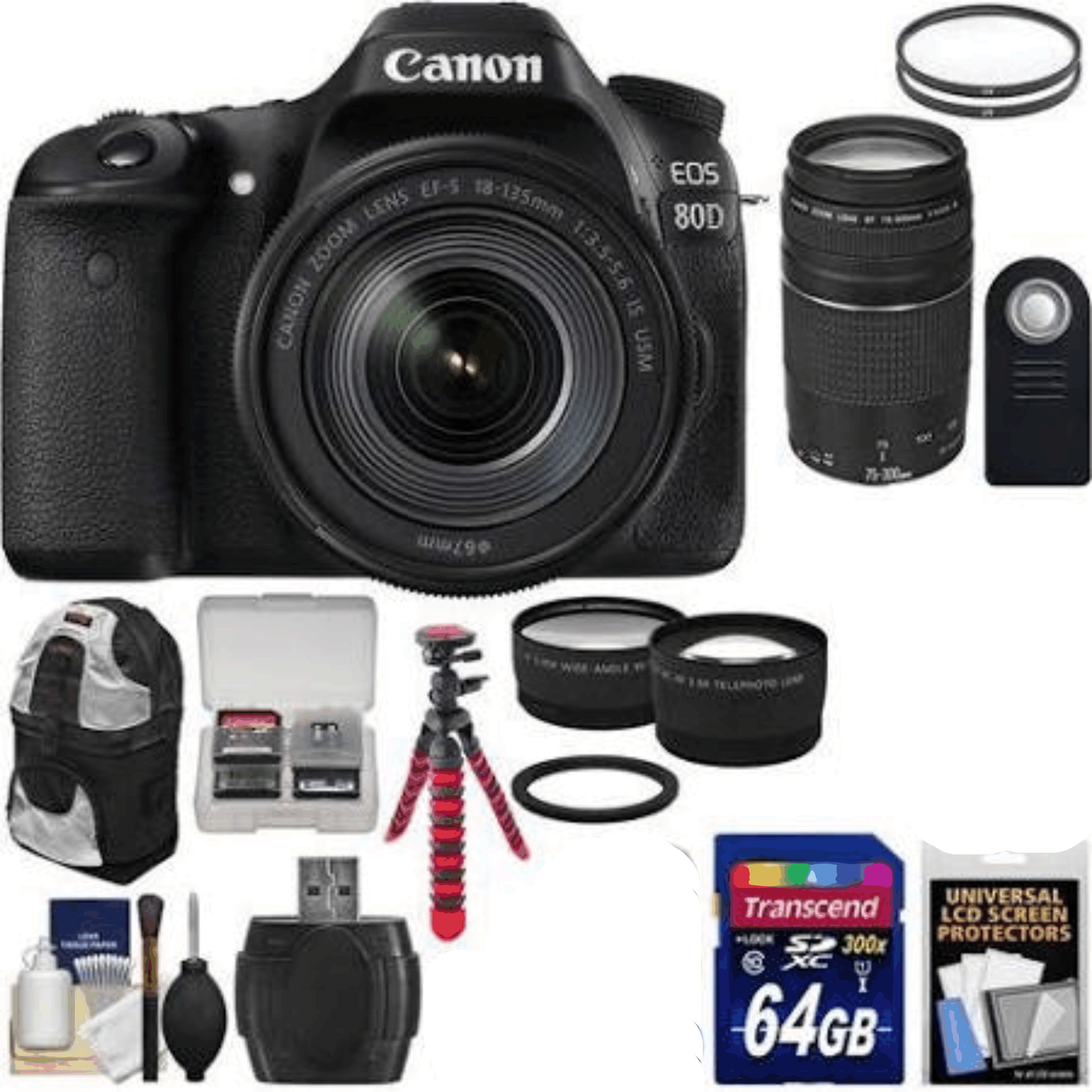 Canon EOS 80D Wi-Fi Digital SLR Camera & EF-S 18-135mm is USM with 75-300mm III Lens + 64GB Card + Backpack + Tripod + KIT 40