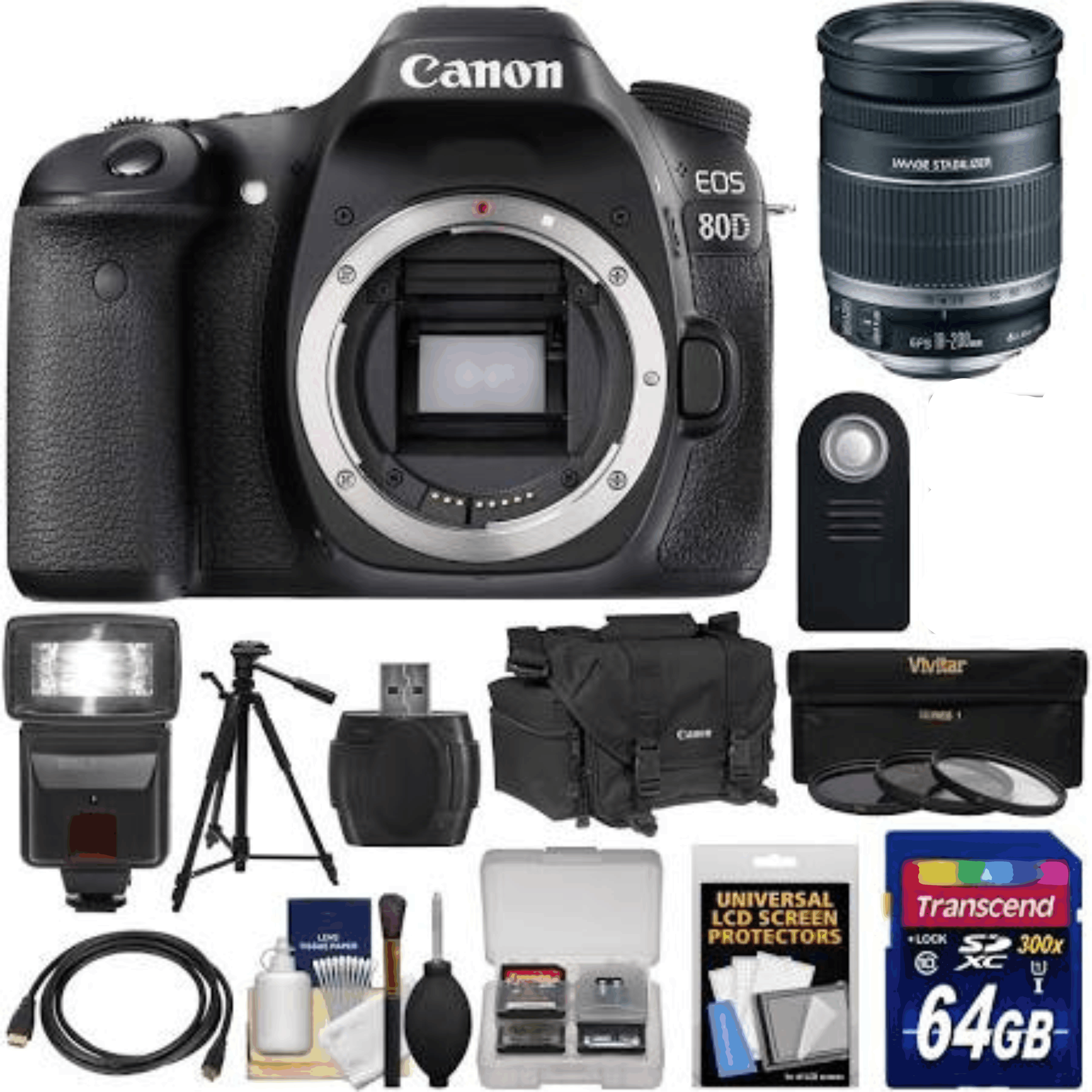 Canon EOS 80D Wi-Fi Digital SLR Camera Body with 18-200mm is Lens + 64GB Card + Case + Flash + Tripod + Kit 43