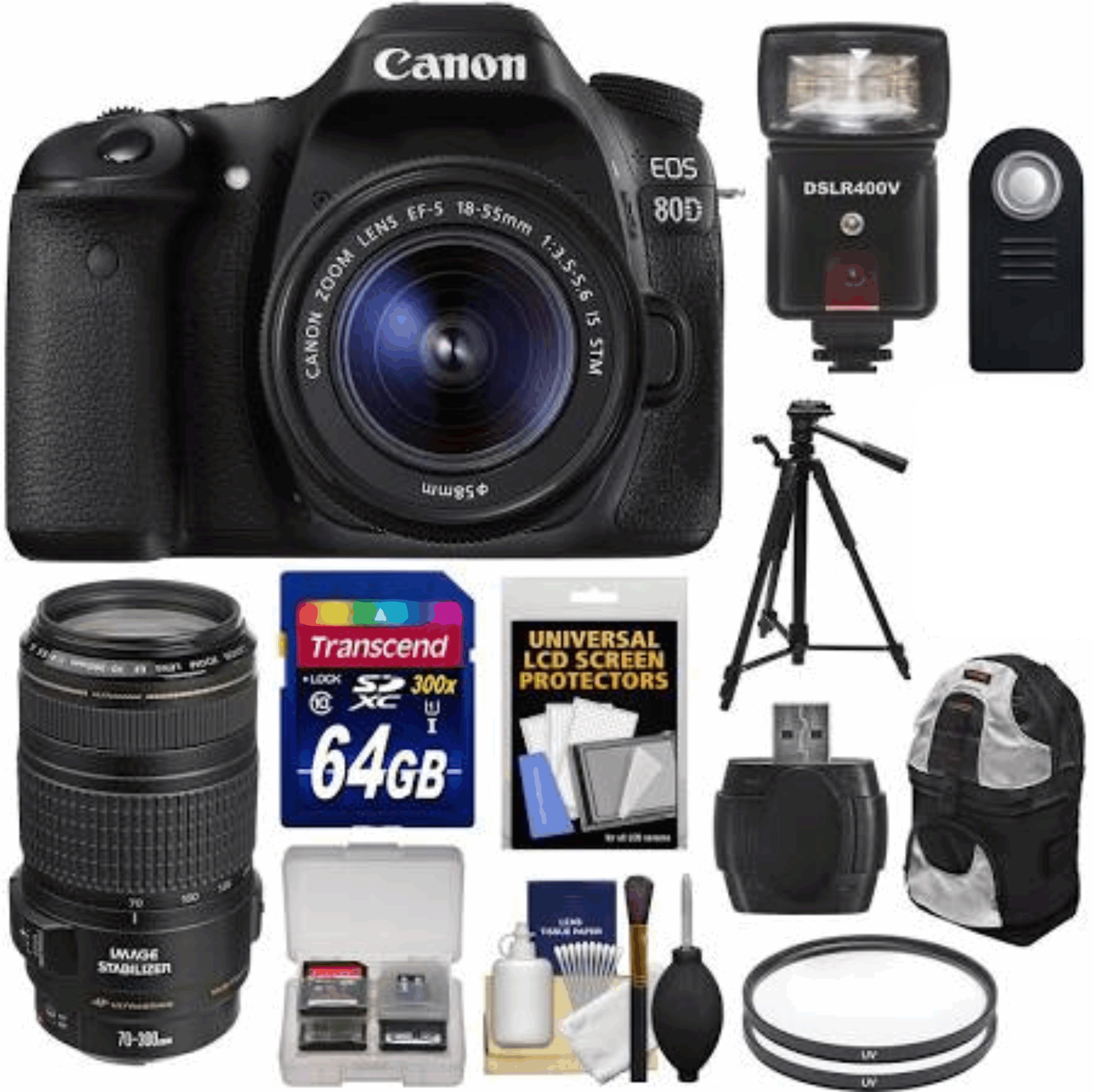 Canon EOS 80D Wi-Fi Camera + EF-S 18-55 is STM Lens + 70-300 is Lens + 64GB Card + Batt + Backpack + Tripod + Flash + LED Light + Kit 43