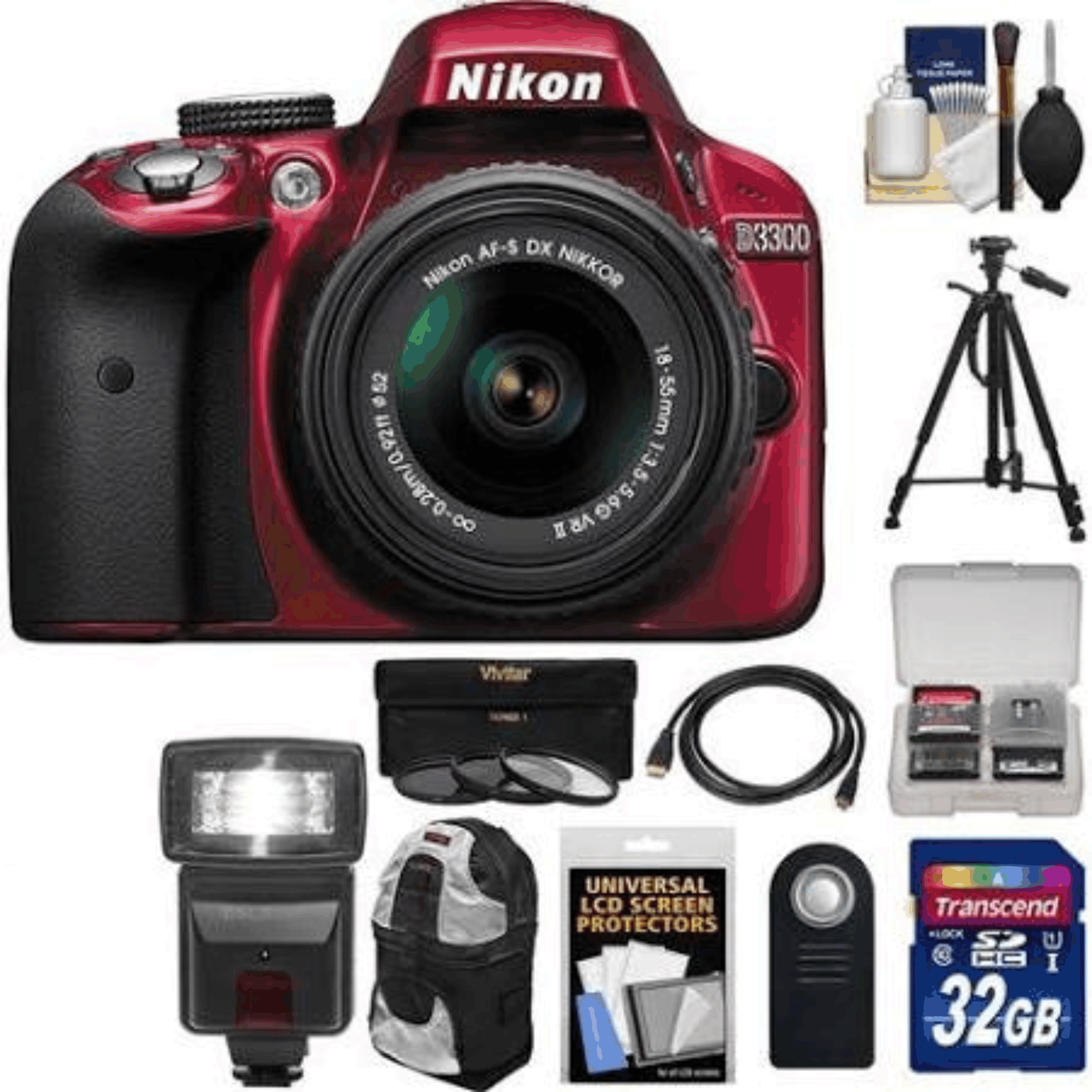 Nikon D3300 Digital SLR Camera & 18-55mm G VR DX II AF-S Zoom Lens (Red) with 32GB Card + Backpack + 3 Filters + Flash + Tripod + Kit 44