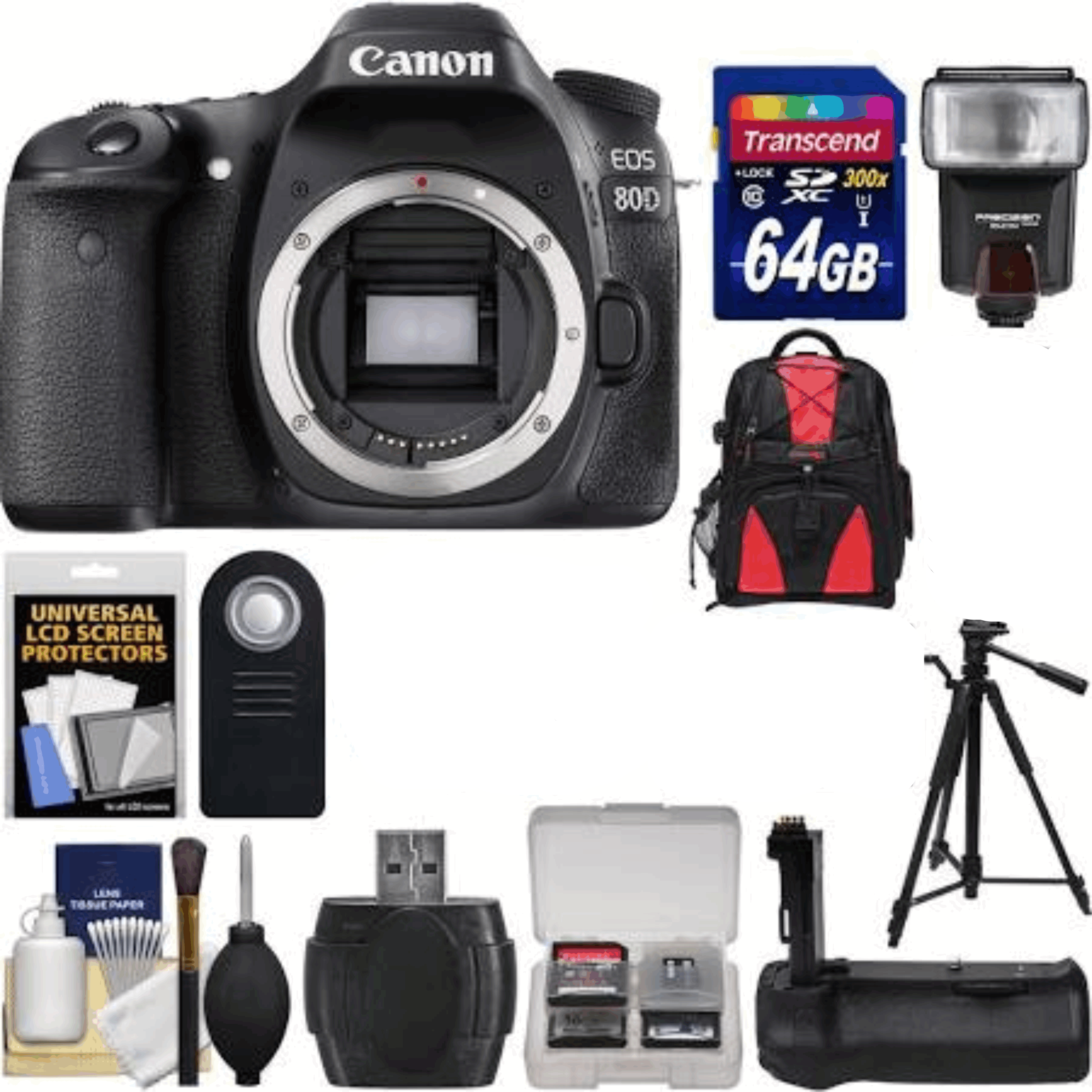 Canon EOS 80D Wi-Fi Digital SLR Camera Body with 64GB Card + Case + Flash + Grip + Tripod + Remote + Kit 44