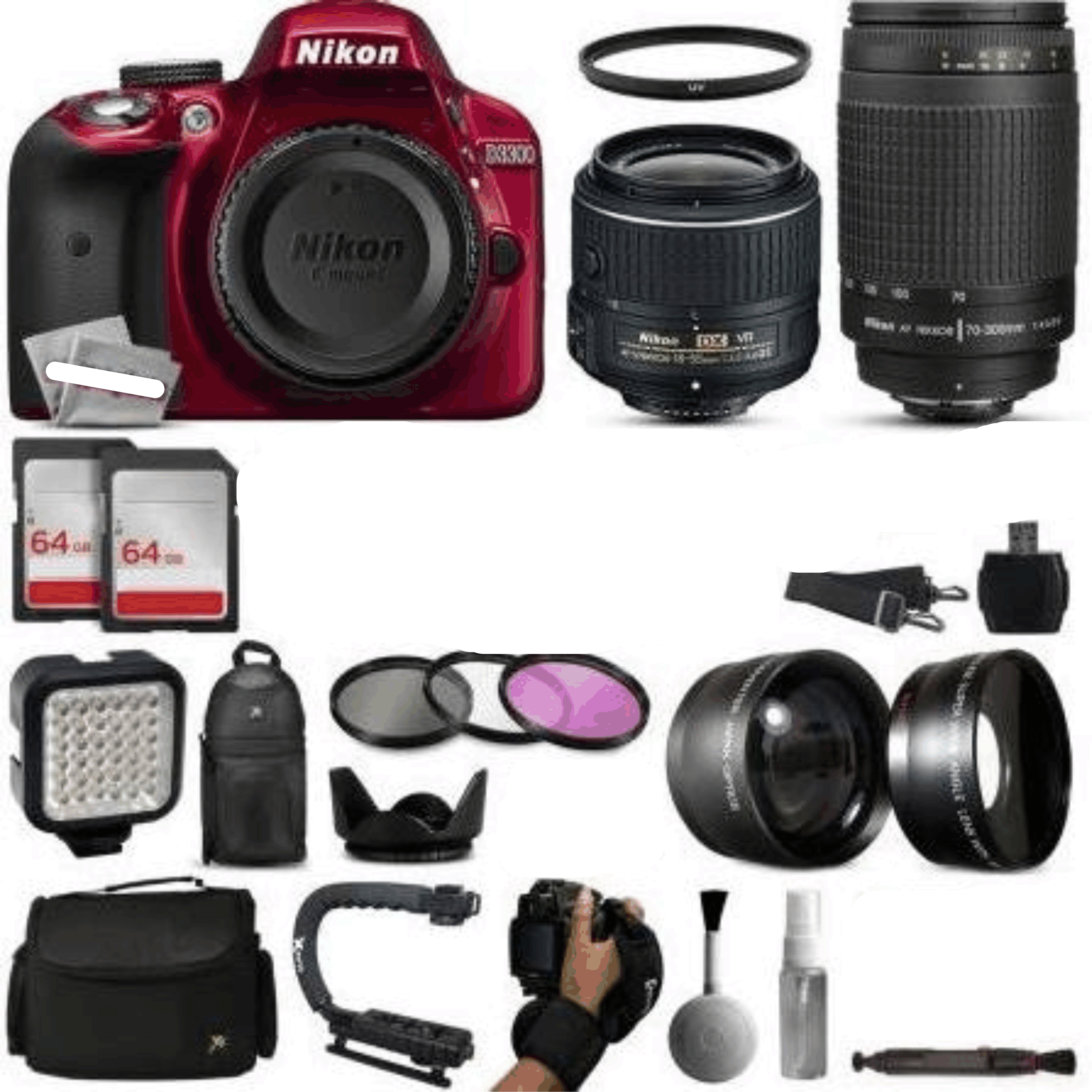 Nikon D3300 Digital SLR Camera & 18-55mm G VR DX II AF-S Zoom Lens (Black) with 55-300mm VR Lens + 32GB Card + Case + Flash + Tripod Kit 47