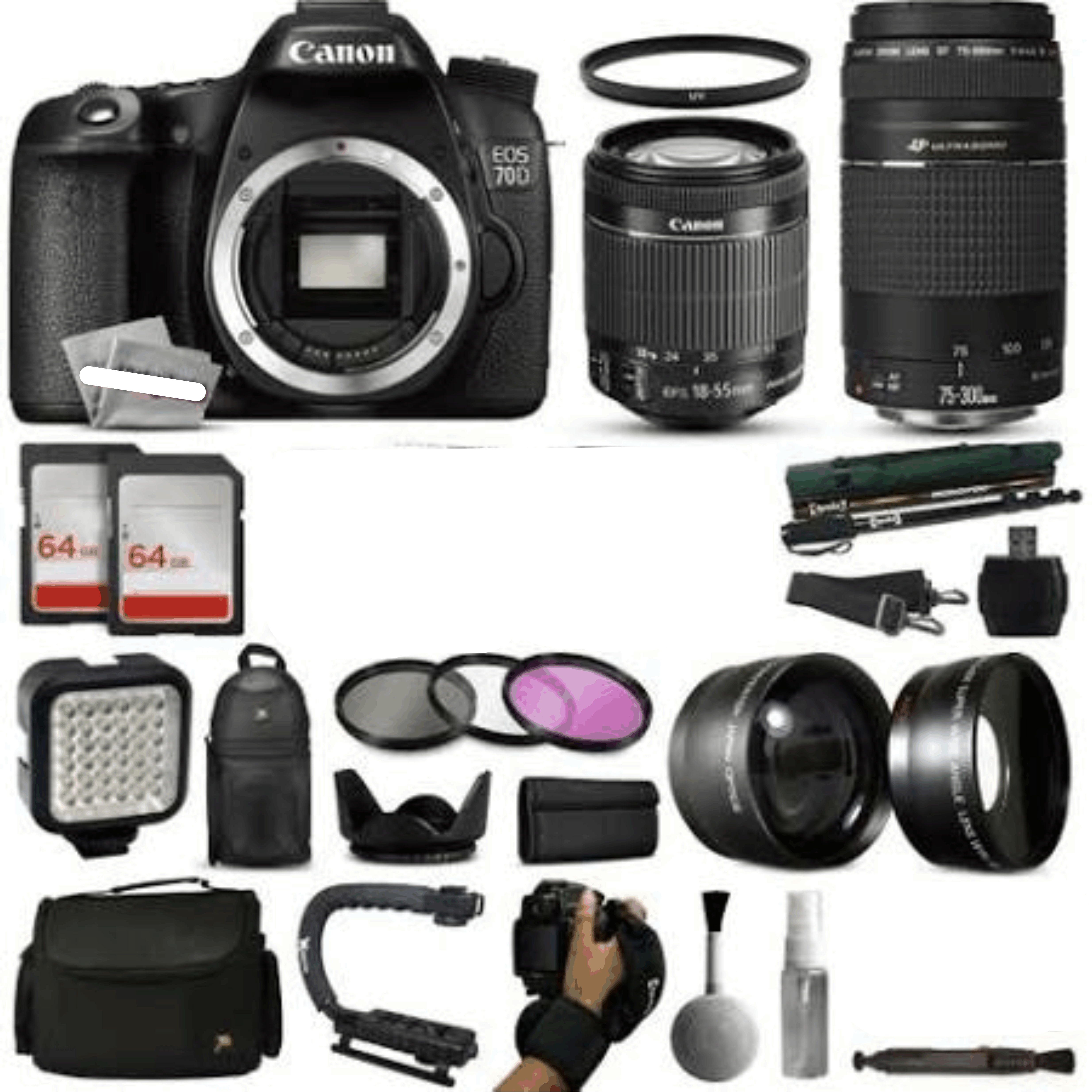 Canon EOS 70D DSLR Digital Camera + 18-55mm STM + 75-300 III USM Lens + LED Video Light + Backpack + Filters + Case kit 4