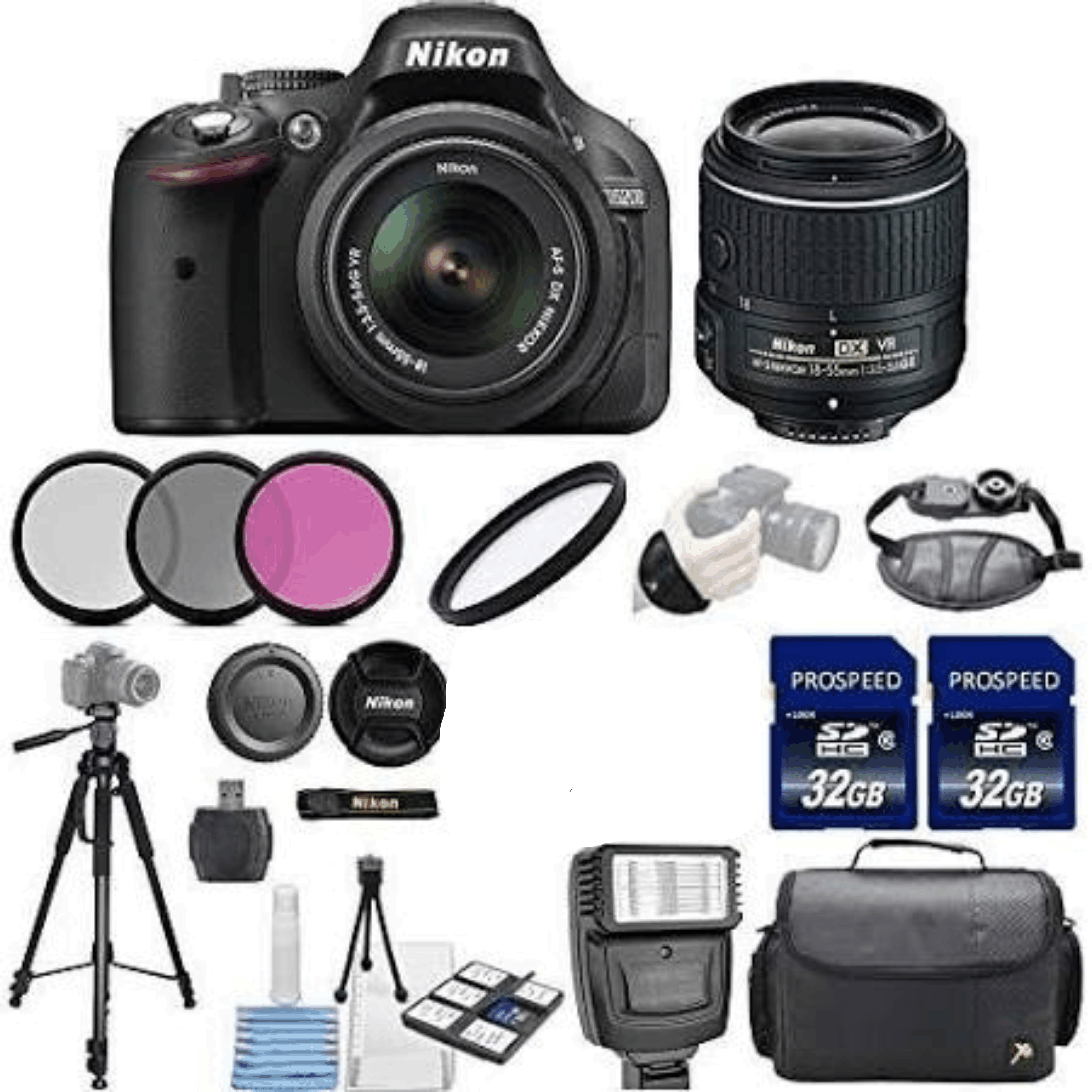 Nikon D5200 DSLR Camera + 18-55mm VR II + 2 Pcs 32GB Memory Cards + Flash + Multi-Coated 3 Piece Filter Kit + Case + Tripod + UV Filter+ Card Reader kit 4