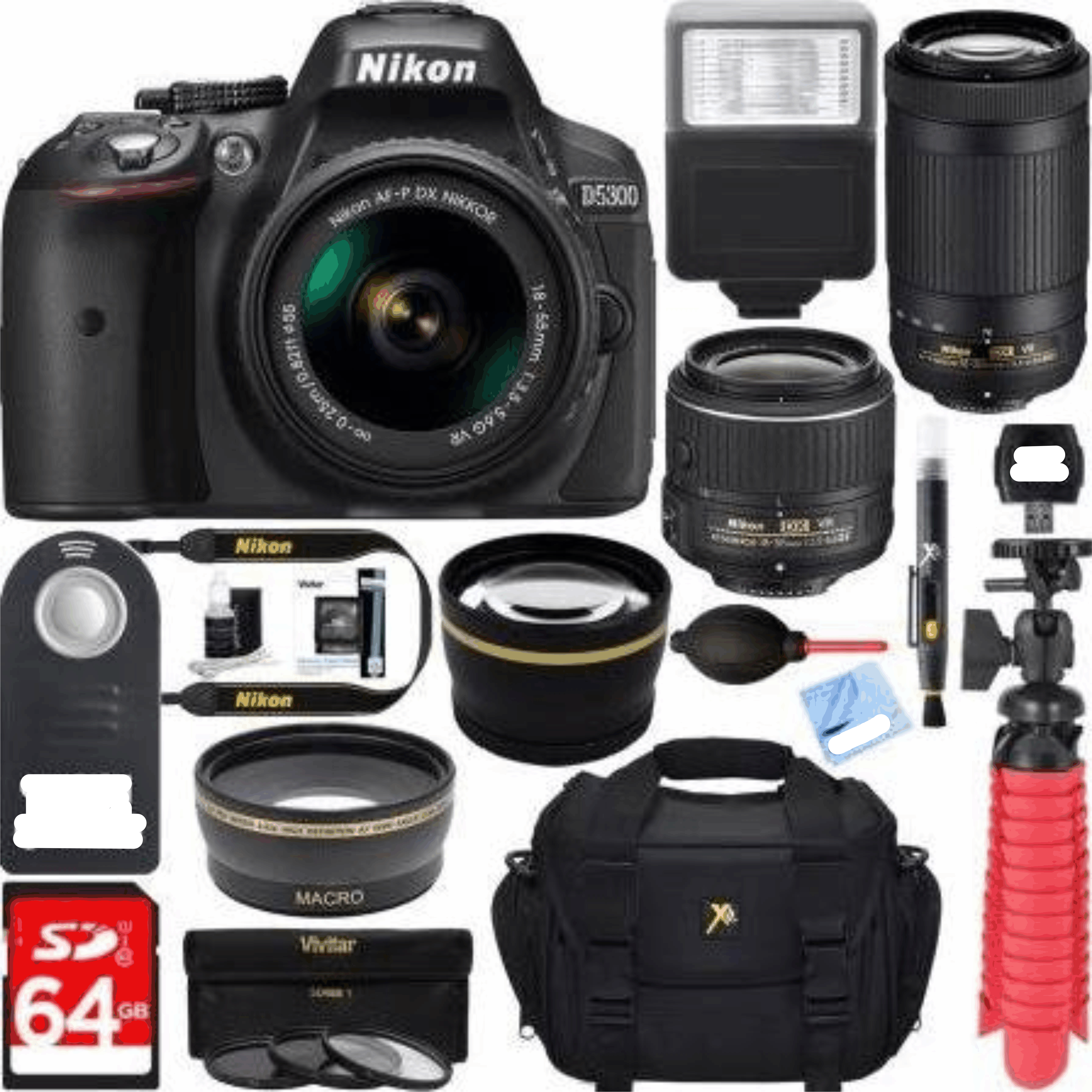 Nikon D5300 24.2 DSLR Camera + AF-P DX 18-55mm & 70-300mm Nikkor Zoom Lens Kit + 64GB Memory Bundle + Photo Bag + Wide Angle Lens + 2x Telephoto kit 4