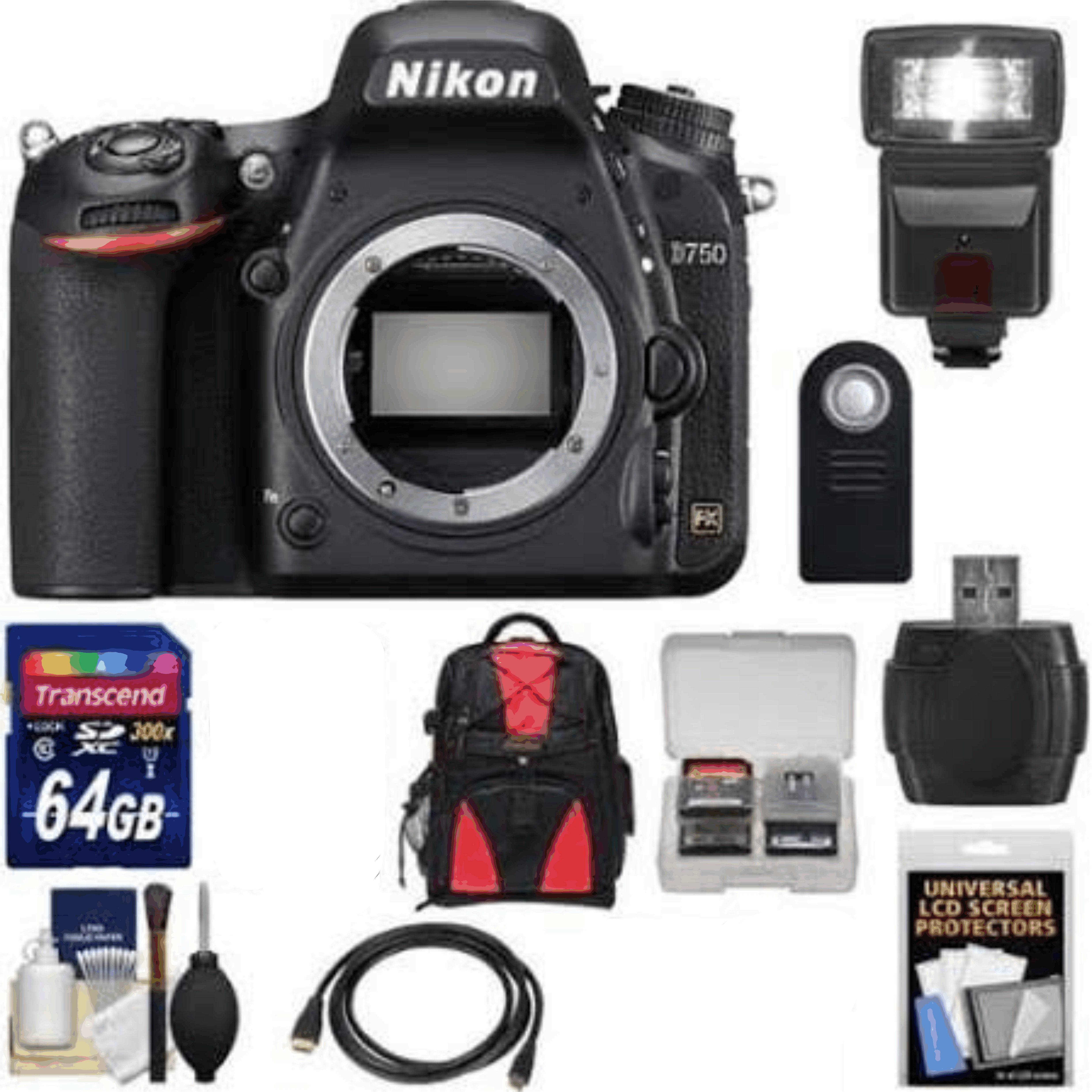 Nikon D750 Digital SLR Camera Body with 64GB Card + Backpack + Flash + Kit 4