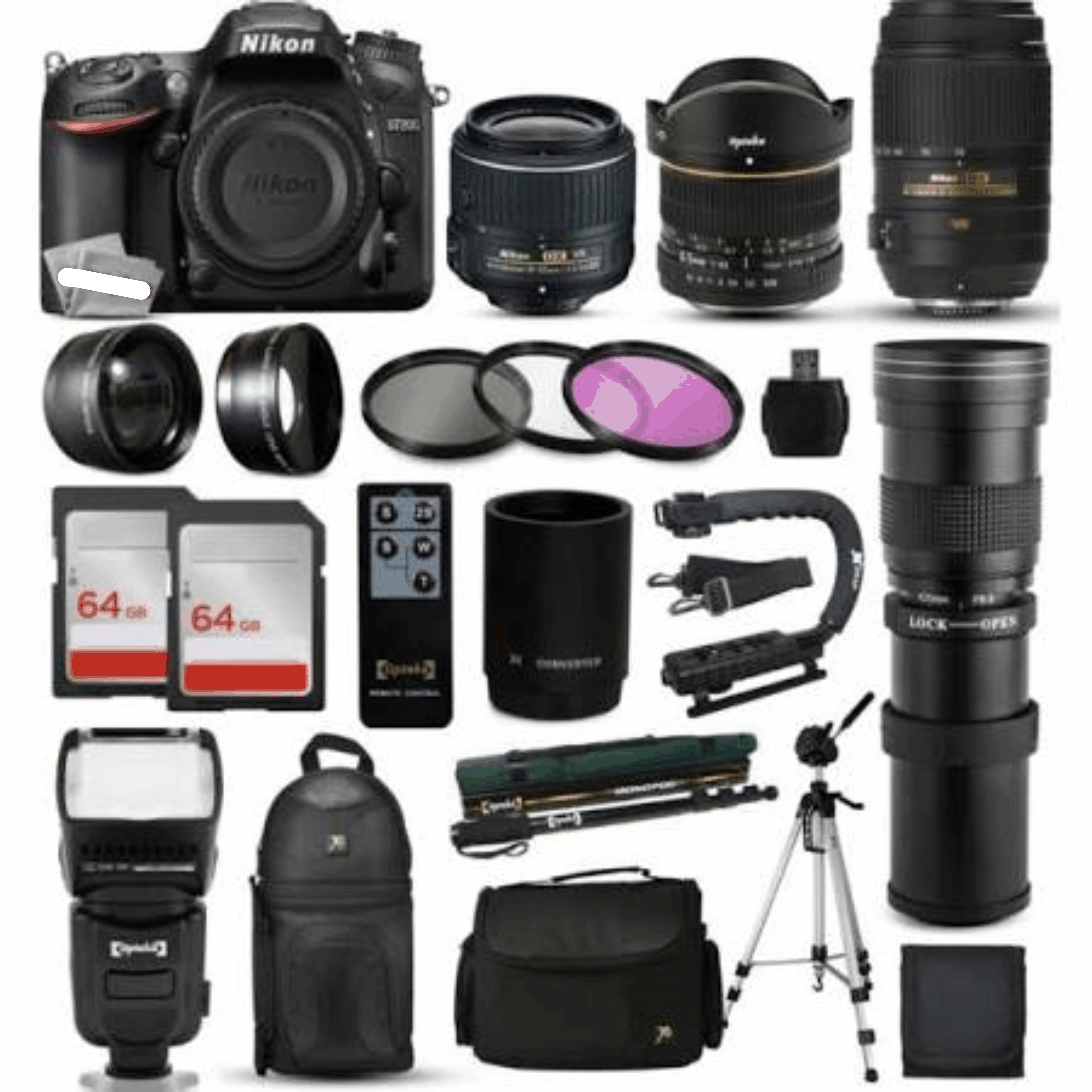 Nikon D7200 DSLR Digital Camera + 18-55mm VR II + 6.5mm Fisheye + 55-300mm VR + 650-2600mm Lens + Filters + 128GB Memory + Action Stabilizer + i-TTL kit 8