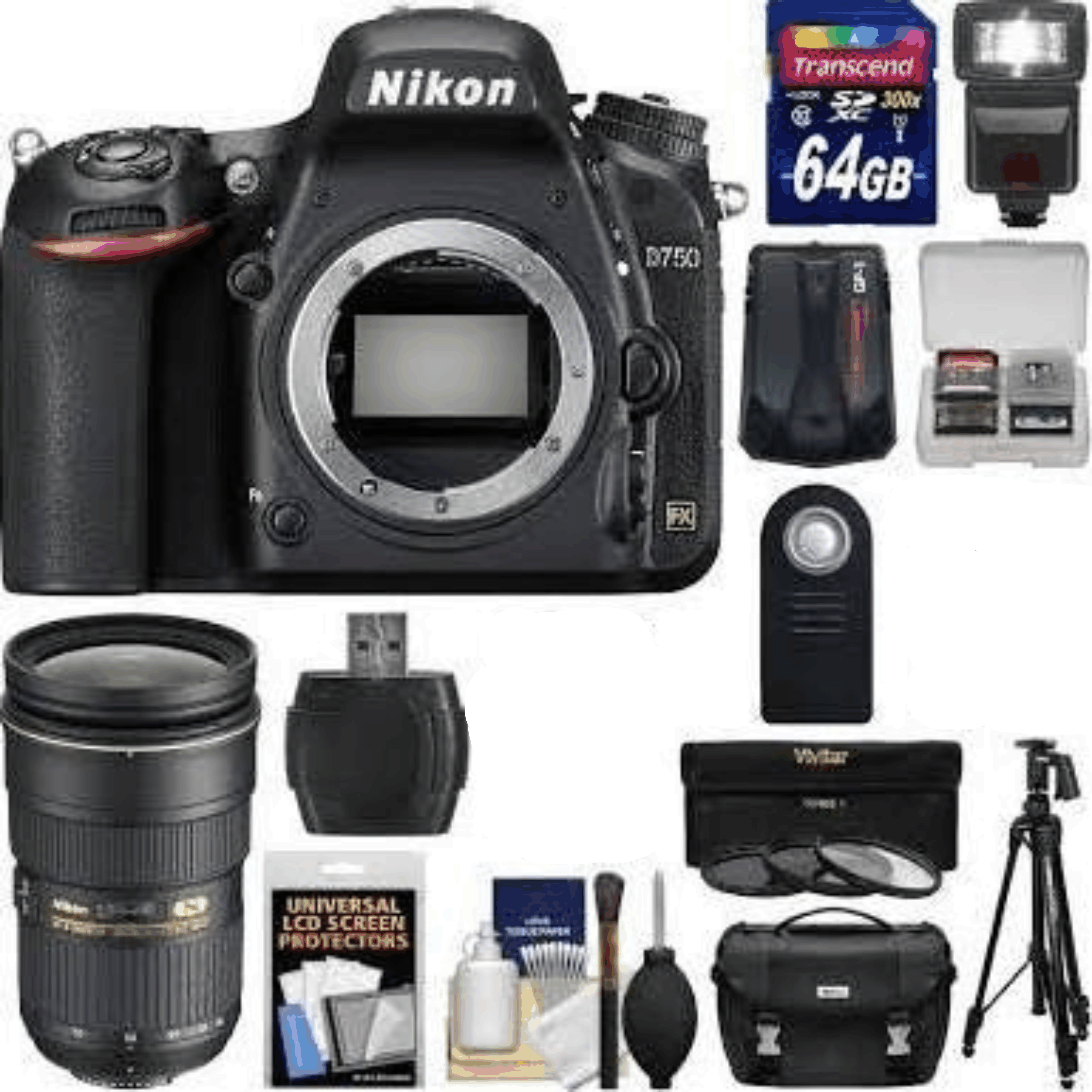 Nikon D750 Digital SLR Camera Body with 24-70mm f/2.8 Lens + 64GB Card + Case + Flash + Tripod + Kit 5