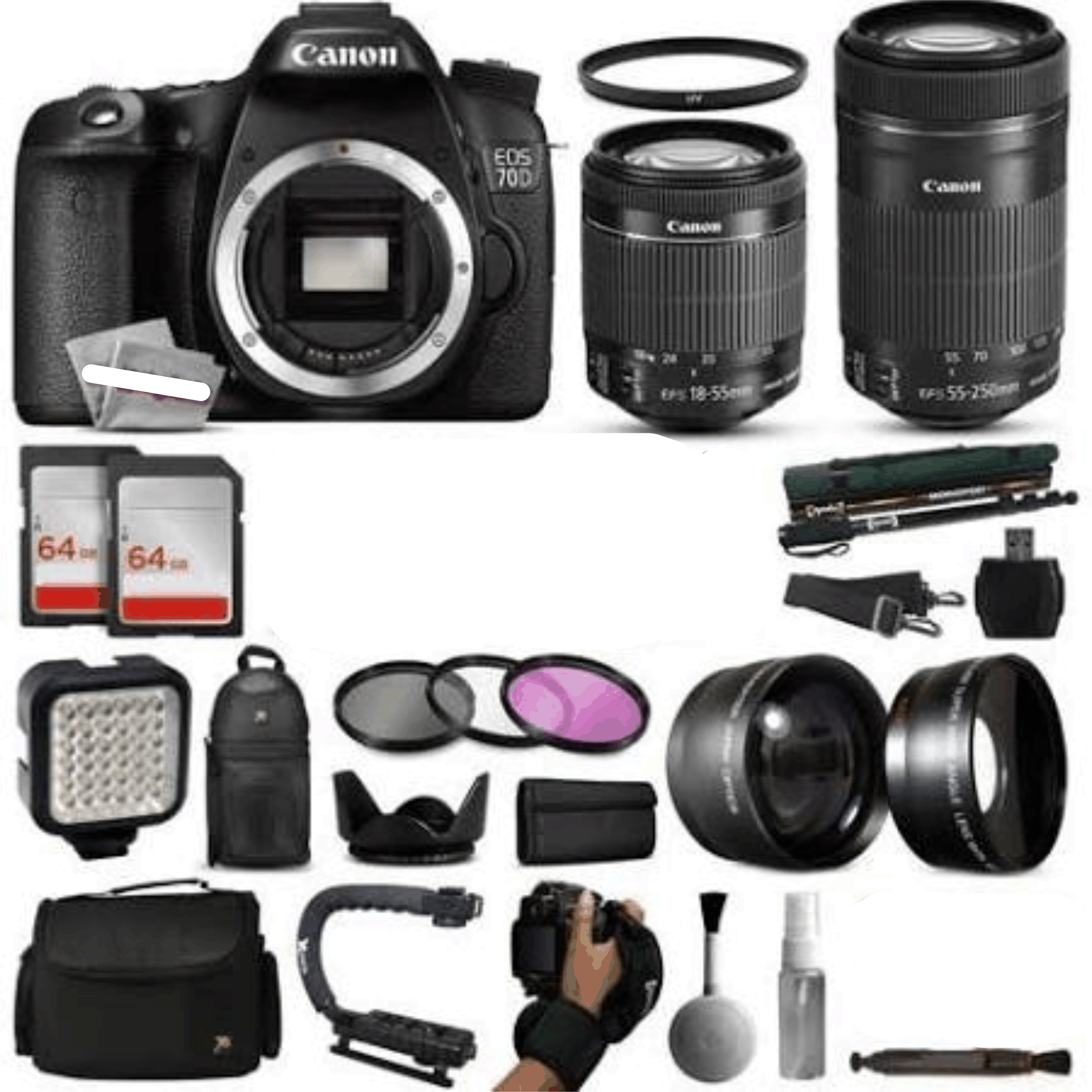 Canon EOS 70D DSLR SLR Digital Camera + 18-55mm STM + 55-250mm is STM Lens + 128GB Memory + LED Video Light + Backpack + Case kit 5