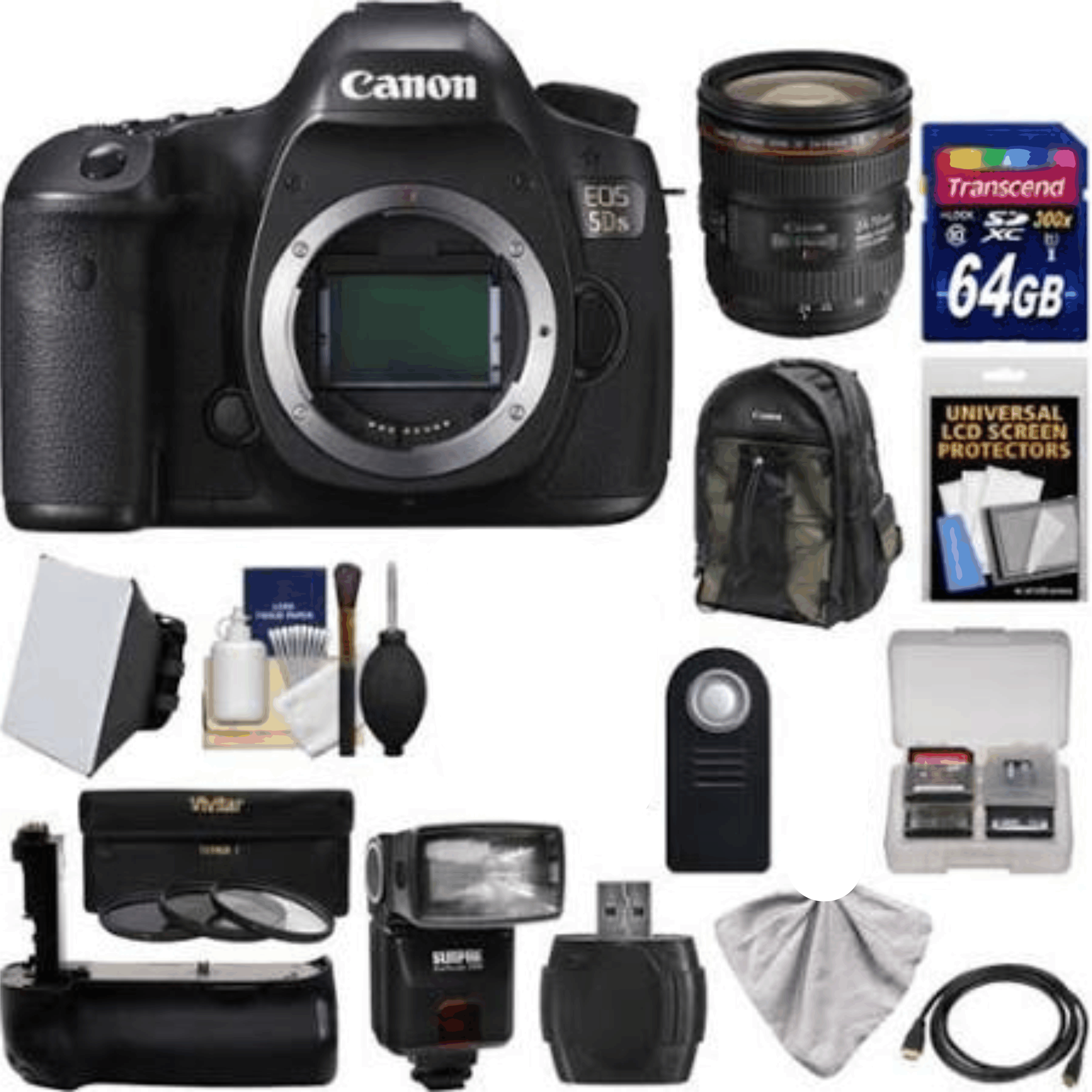 Canon Eos 5DS Digital SLR Camera Body with 24-70mm f/4L Is Lens + 64GB Card + Backpack + Grip + Flash + Kit 5