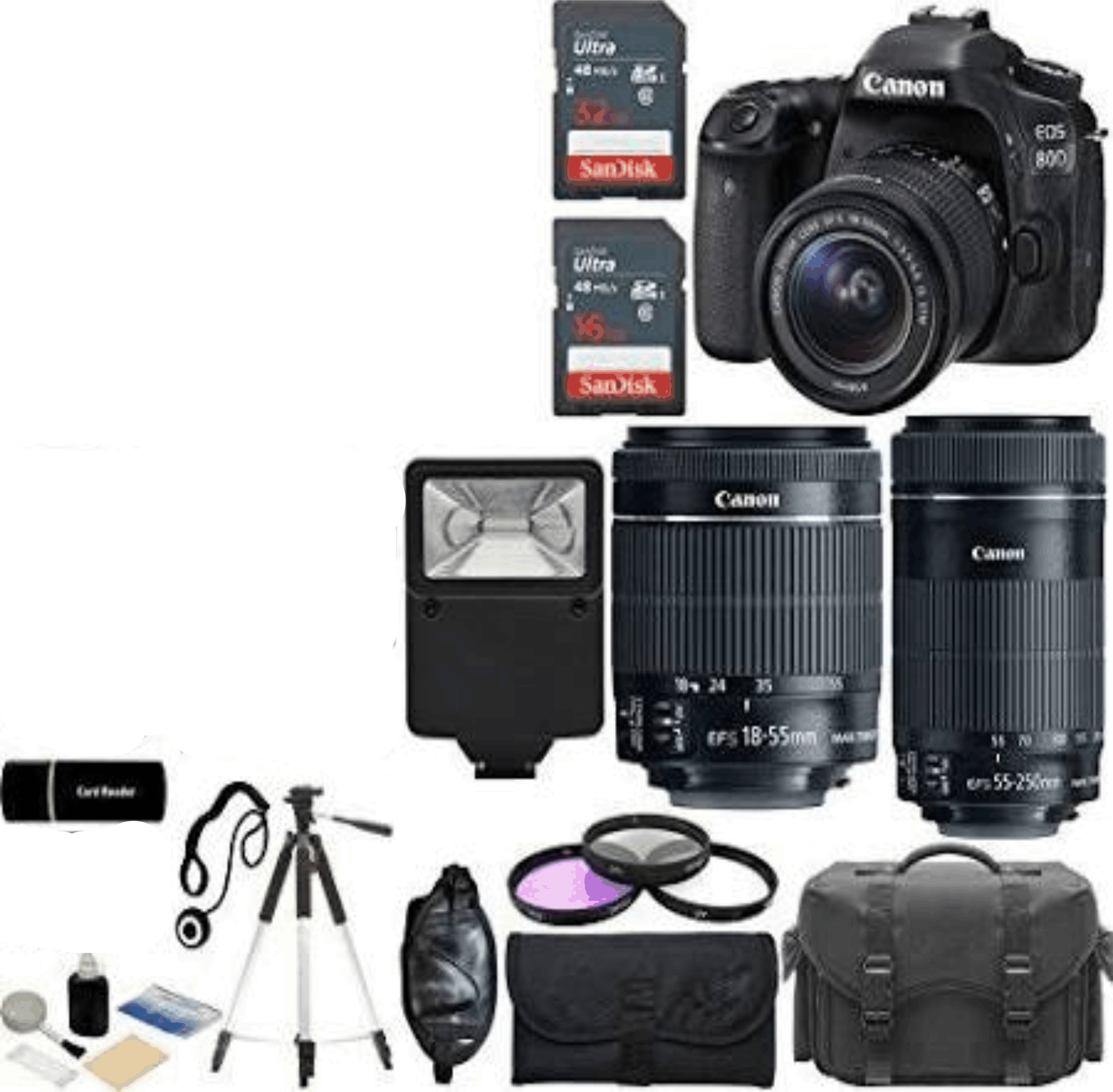 Canon EOS 80D 24.2MP Wi-Fi Digital SLR Camera with 18-55mm Is STM + Canon EF-S 55-250mm Is STM Lens + SanDisk 32GB & 16GB Card + Case + Flash + Grip kit 6 