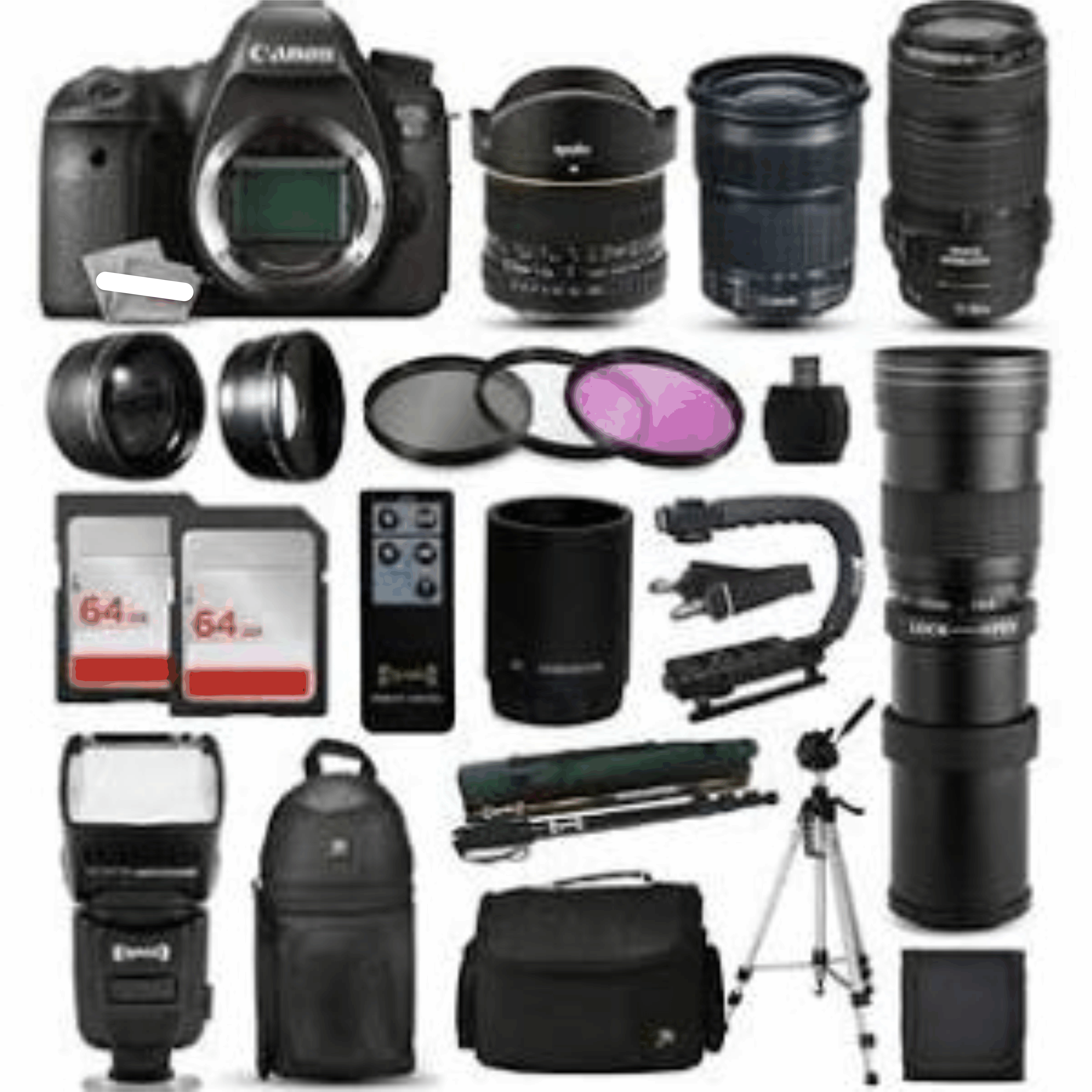 Canon EOS 6D DSLR Camera + 70-300mm is USM + 6.5mm Fisheye + 24-105mm STM + 450-1600mm + Case + 128GB KIT 6