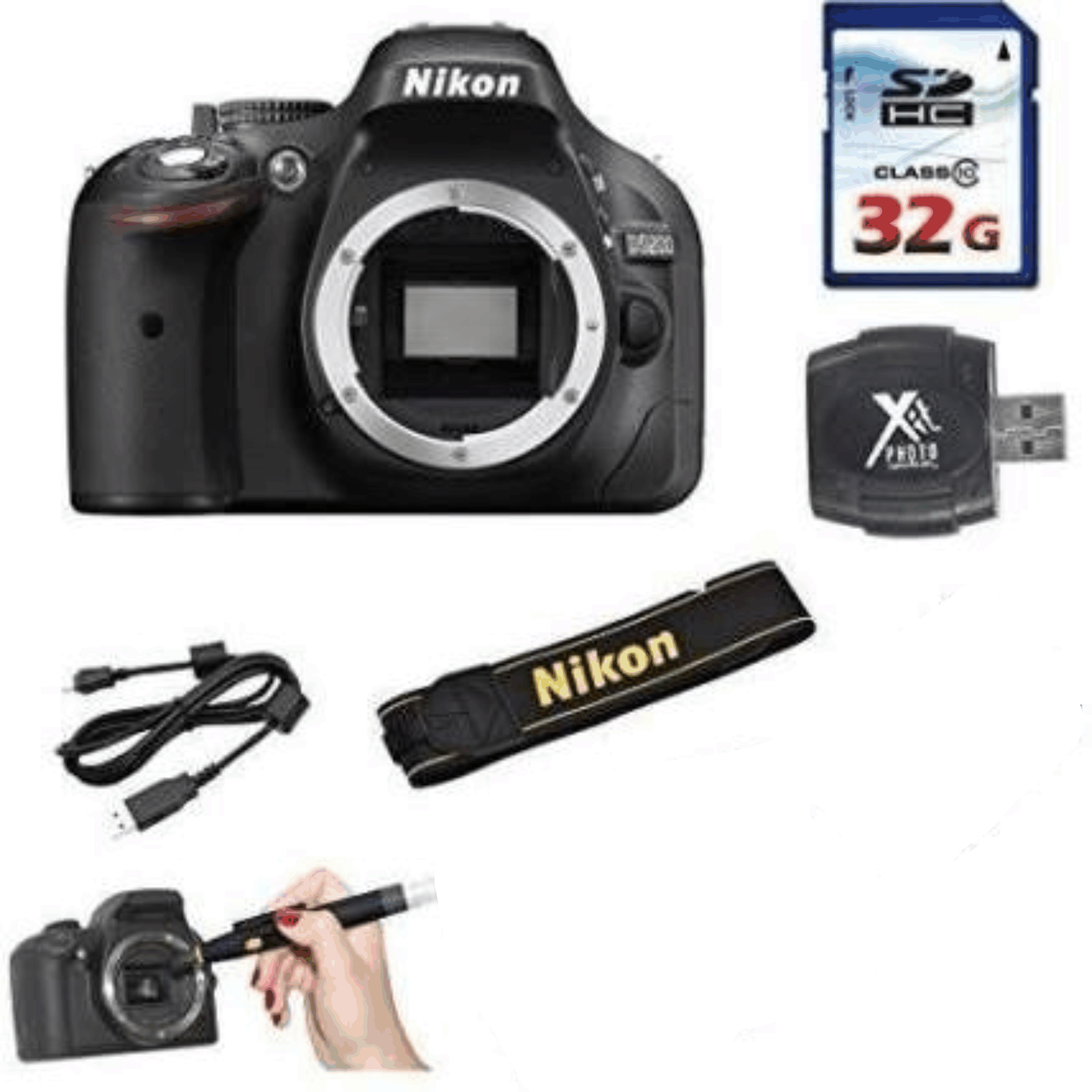 Nikon D5200 DSLR Body (No Lens) Accessory Bundle Kit + Nikon Strap + 32GB Class 10 Memory Card + High Speed Card Reader + 2 in 1 Lens Cleaning Pen KIT 6