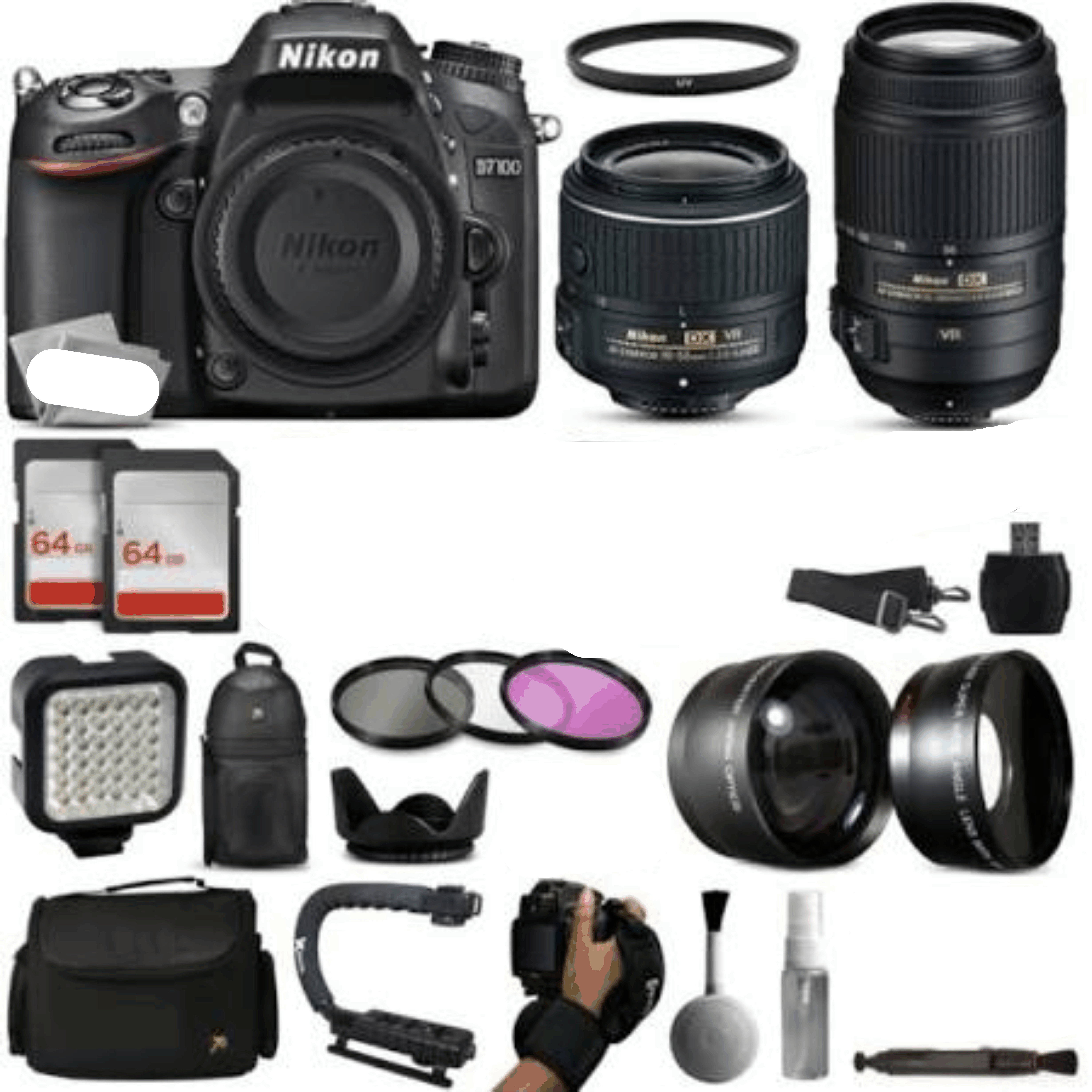 Nikon D7100 DSLR Digital Camera with 18-55mm VR II + 55-300mm VR Lens + 128GB Memory + LED Video Light + Backpack + Case + Filters + Auxiliary Lenses kit 6