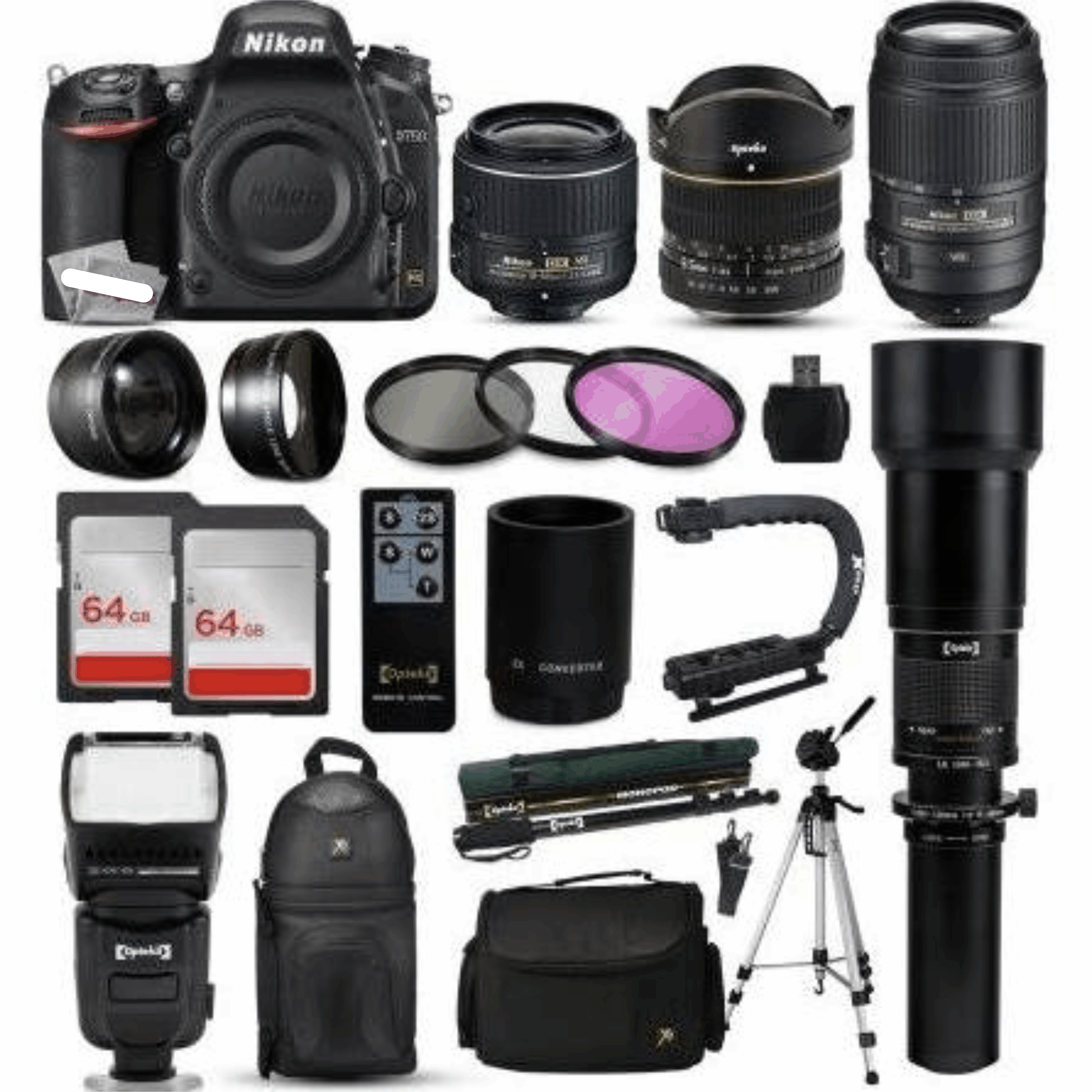 Nikon D750 DSLR SLR Digital Camera + 18-55mm VR II + 6.5mm Fisheye + 55-300mm VR + 650-2600mm Lens + Filters + 128GB Memory + Action Stabilizer kit 6