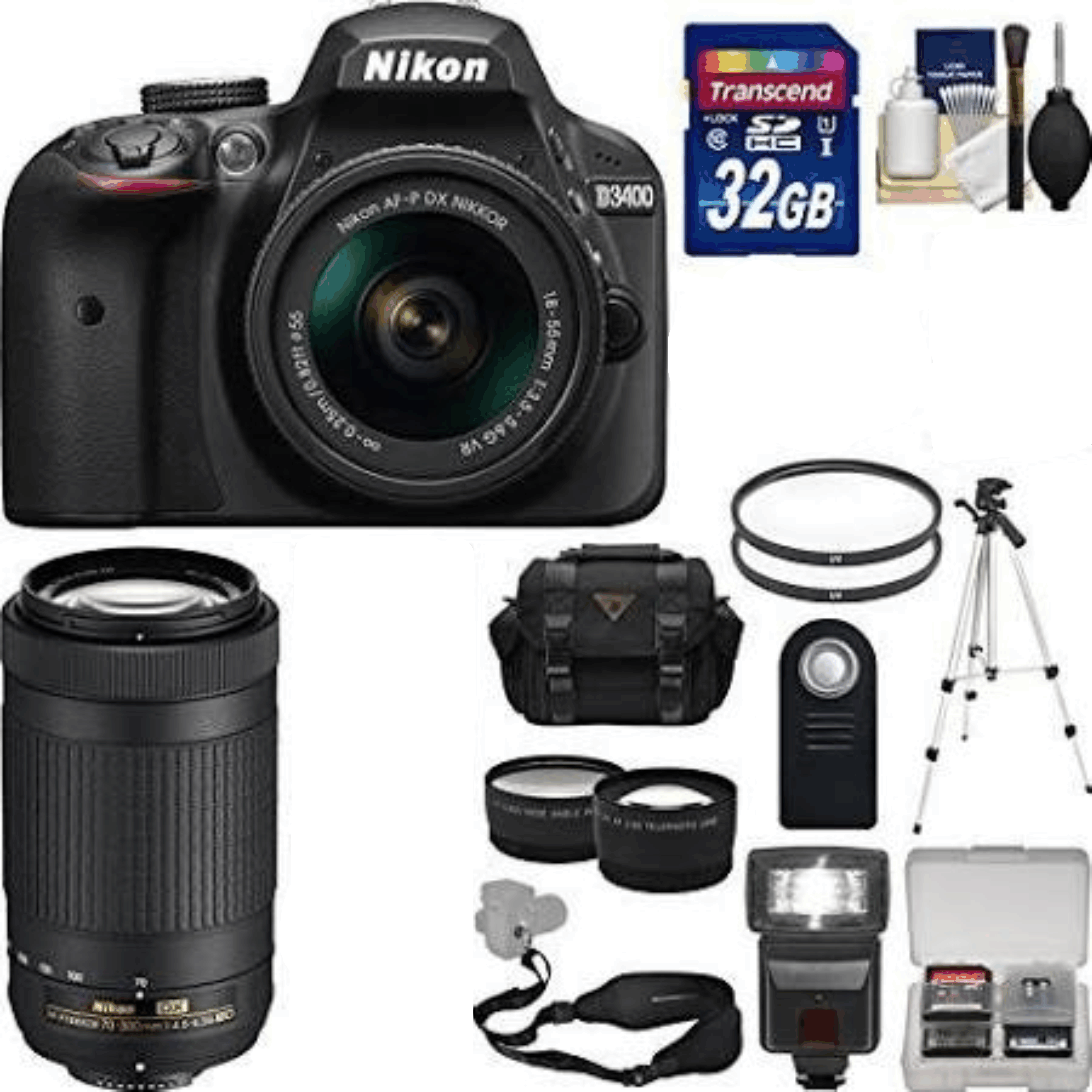 Nikon D3400 Digital SLR Camera & 18-55mm VR & 70-300mm DX AF-P Lenses with 32GB Card + Case + Flash + Tripod + Tele/Wide Lens Kit, Black kit 7