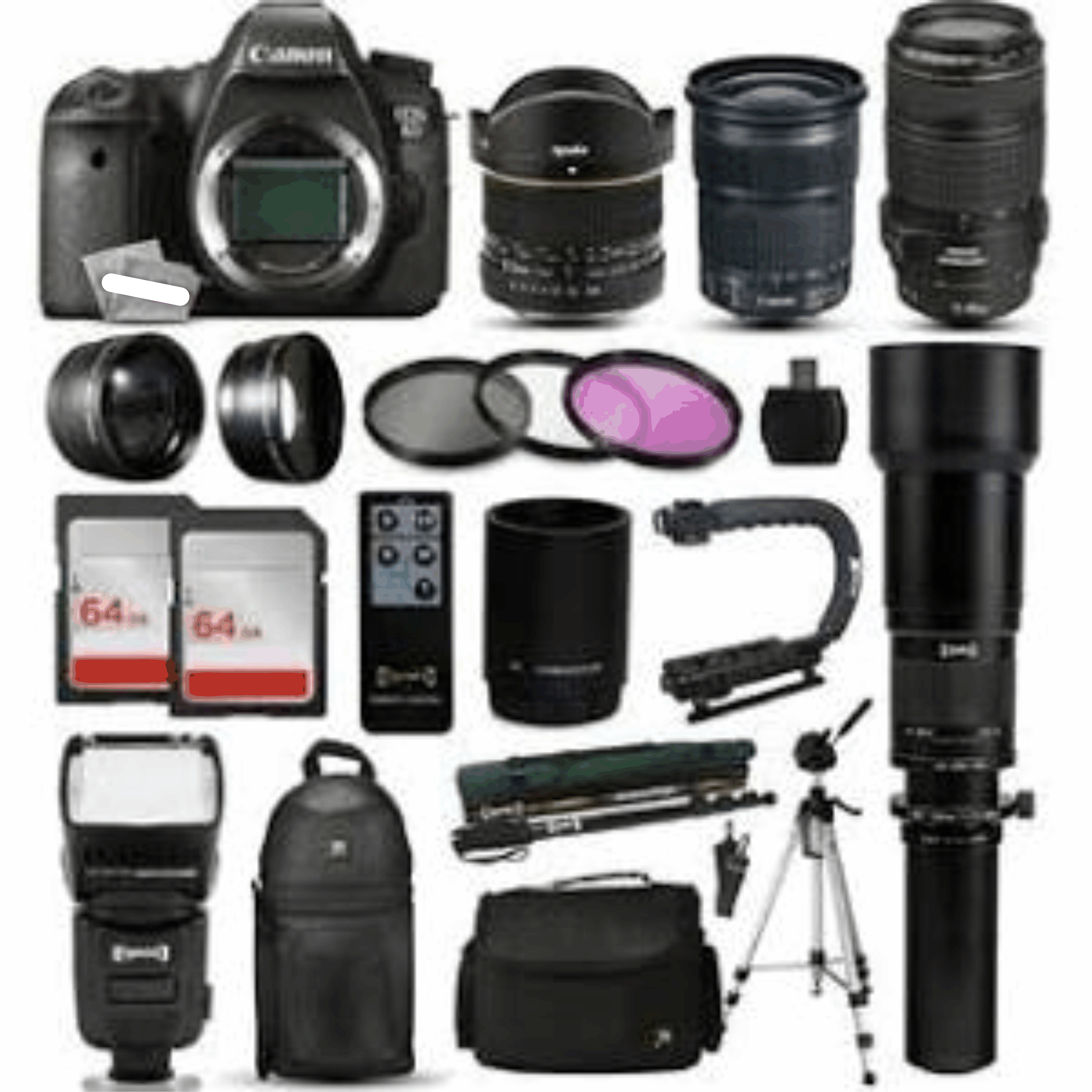 Canon EOS 6D DSLR Camera + 70-300mm is USM + 6.5mm Fisheye + 24-105mm STM + 650-2600mm + Case + 128GB kit 7 