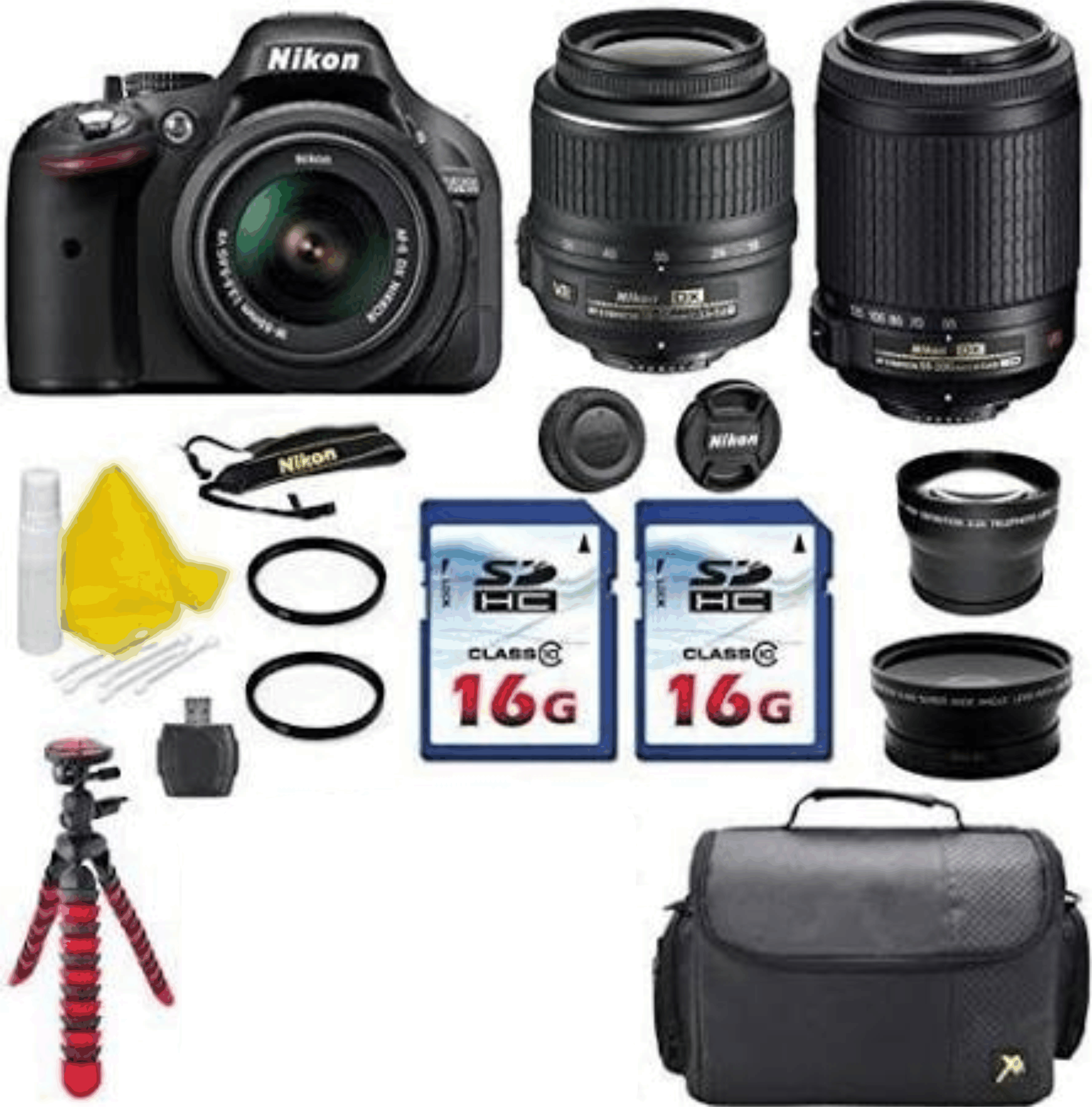 D5200 Black DSLR Camera Body Bundle with Nikon 18-55mm VR Lens + Nikon 55-200mm VR Lens + Spider Tripod + 2 Commander U.V. Filters KIT 7