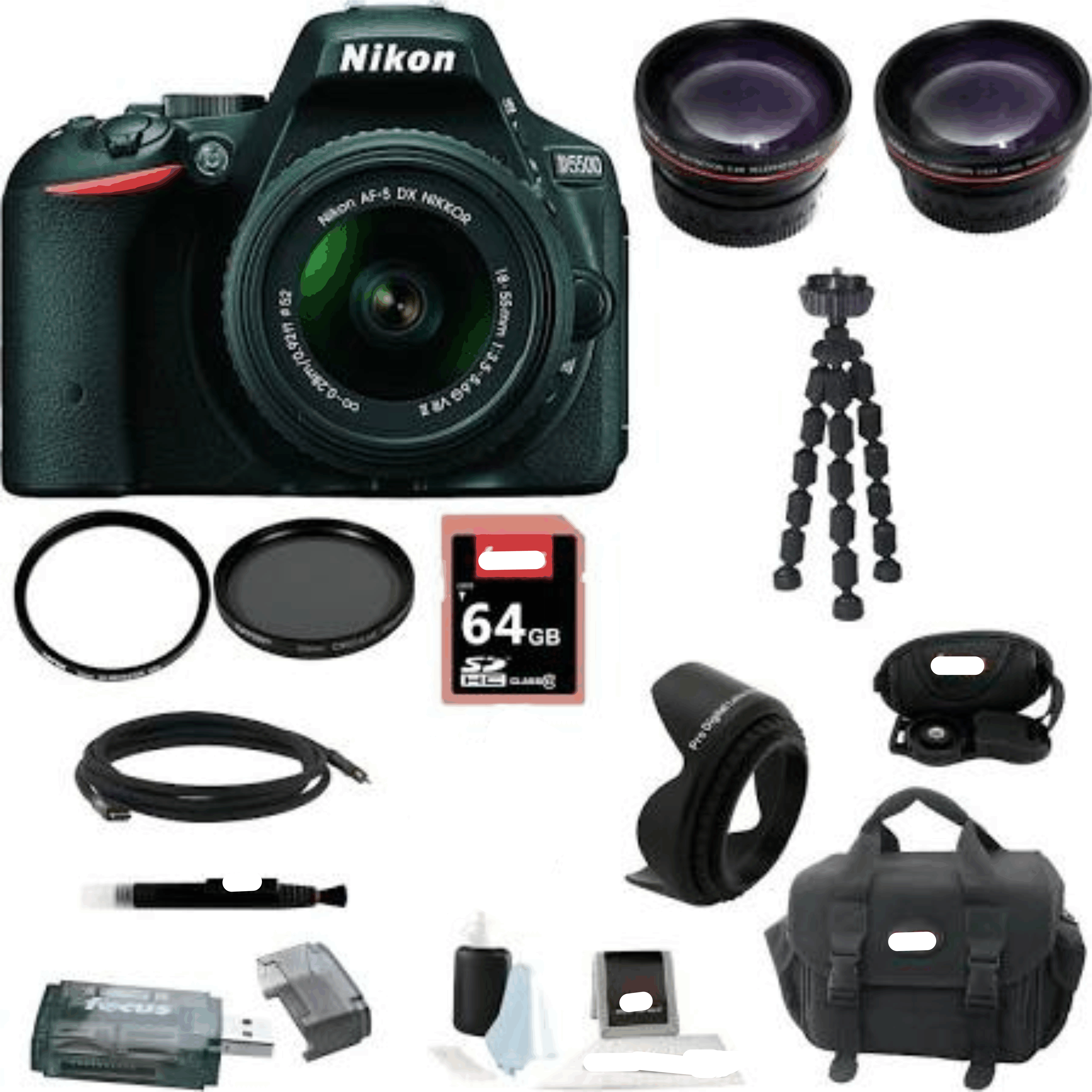 Nikon D5500 SLR w/ 18-55mm VR II Kit (Black) + Wide and Tele Lens + Ti kit 7