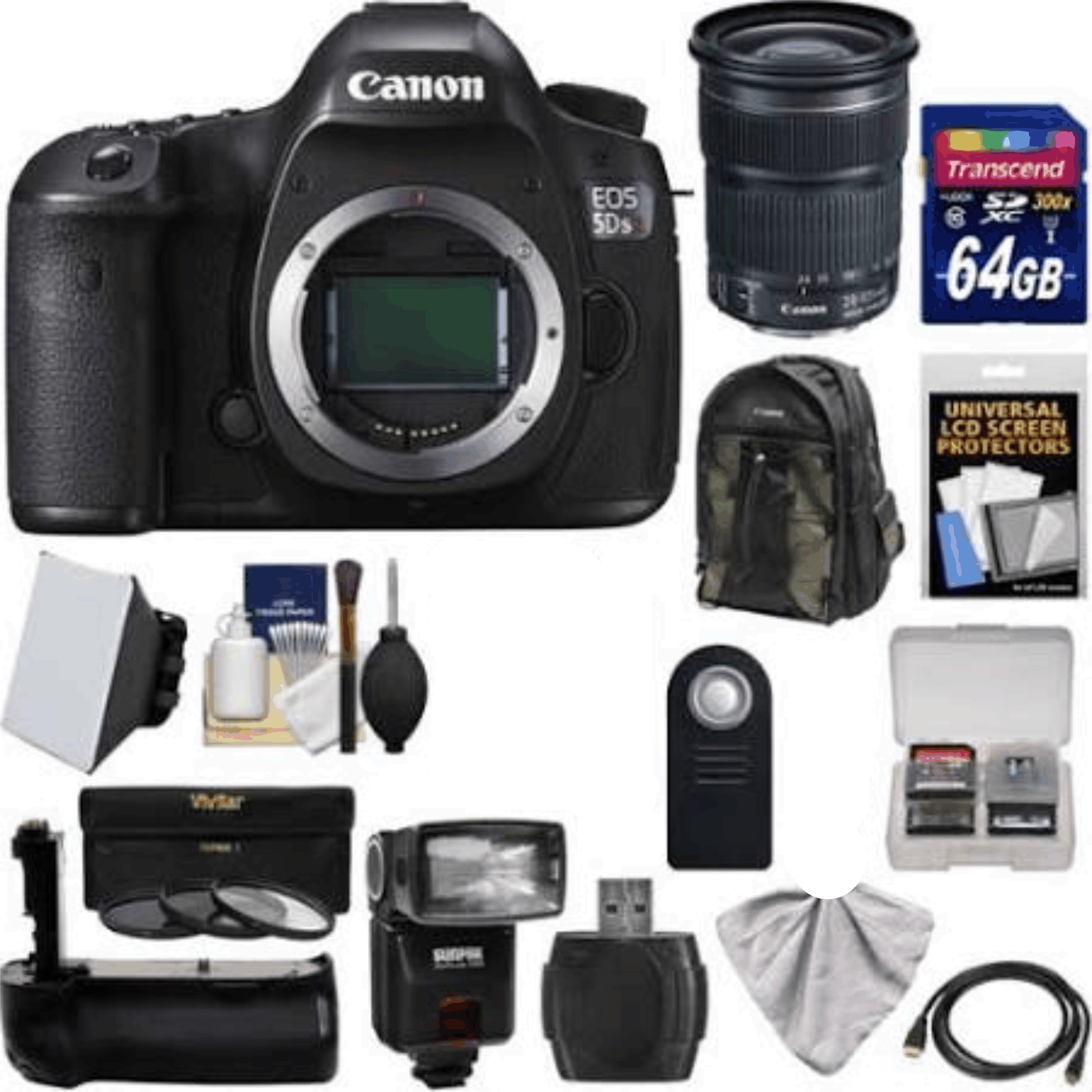 Canon EOS 5DS R Digital SLR Camera Body with 24-105mm STM Lens + 64GB Card + Backpack + Grip + Flash + Kit 8