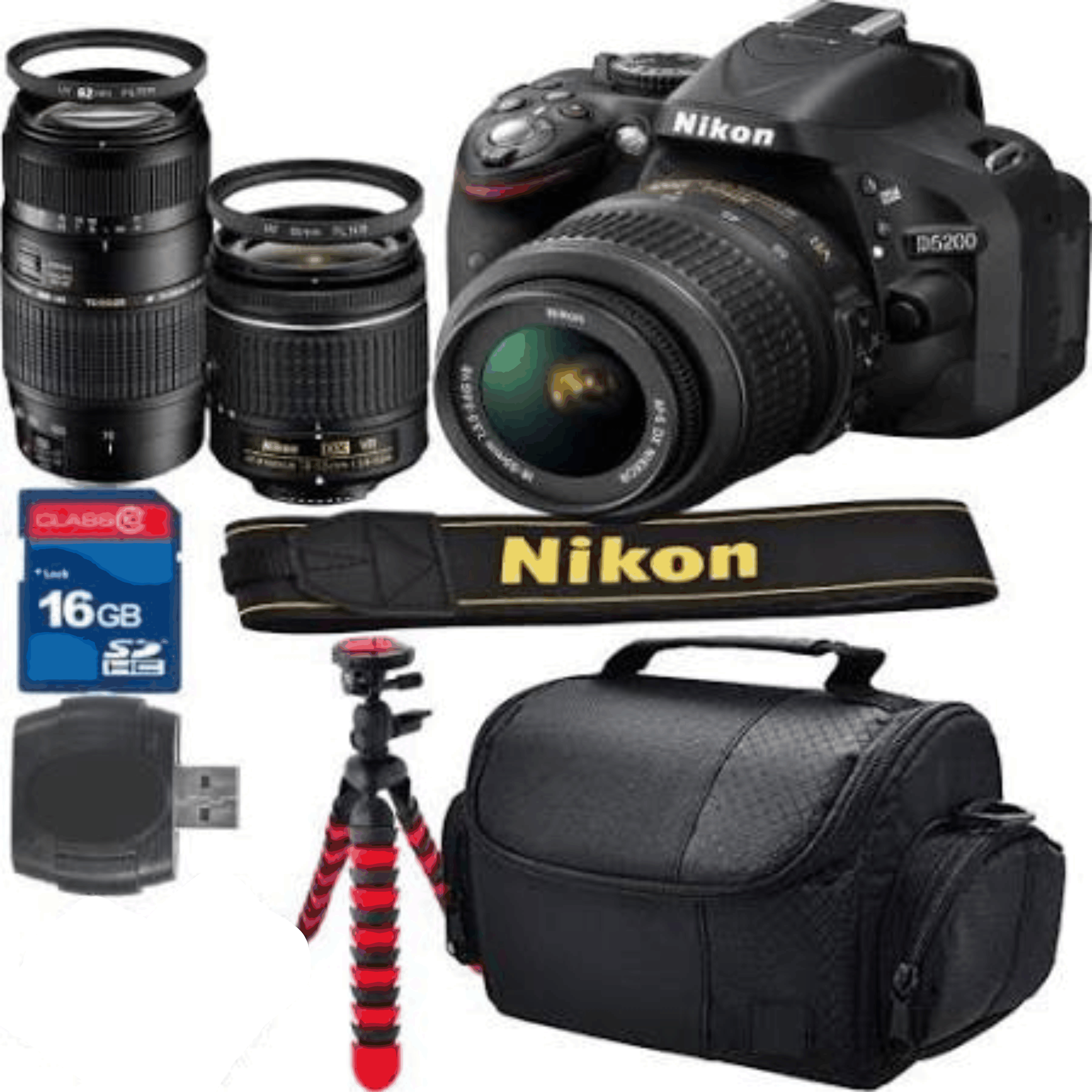 D5200 Bundle + 18-55mm VR Lens + 16GB High Speed Memory Card + Card Reader + UV Filter + Camera Gadget Bag KIT 8