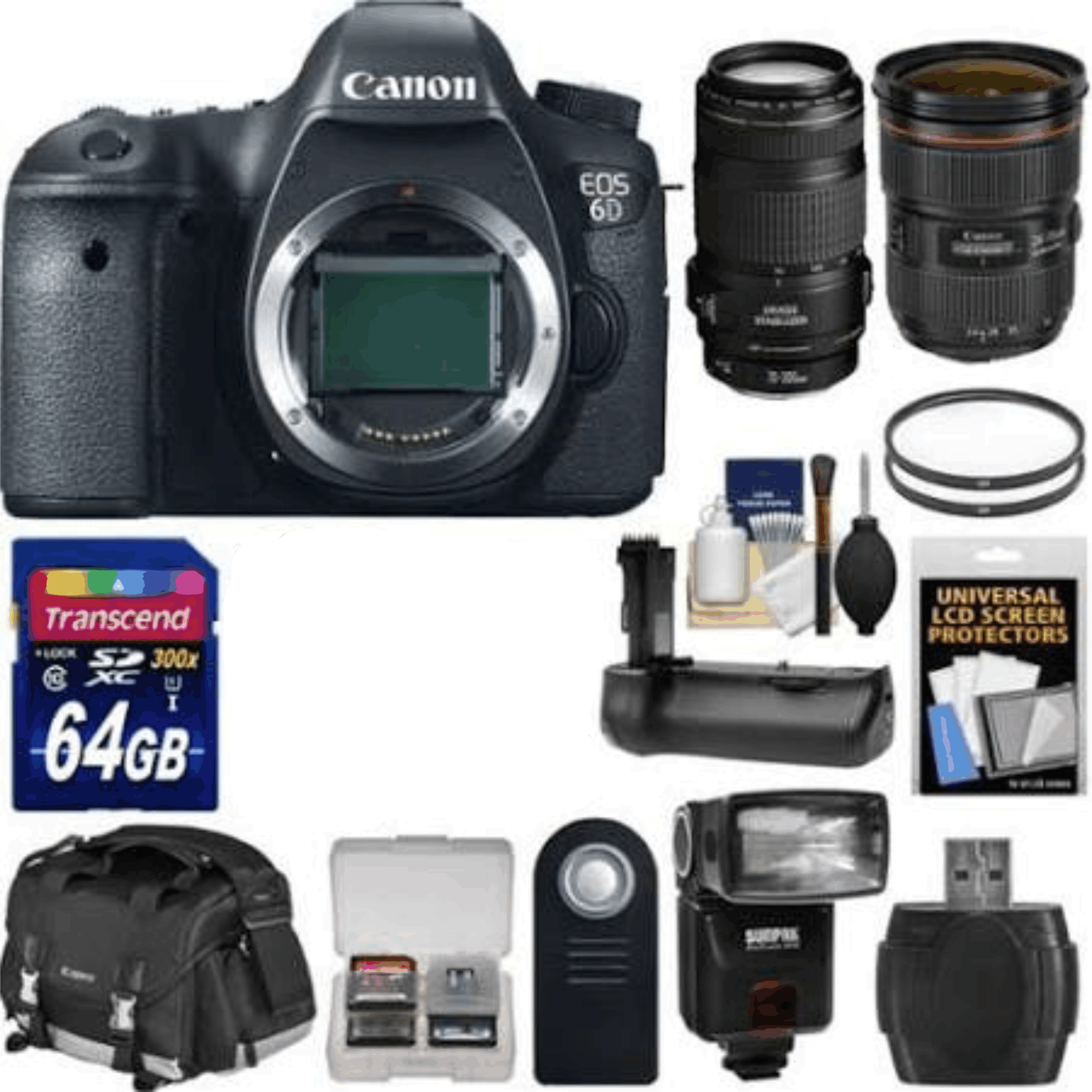 Canon EOS 6D Digital SLR Camera Body with 24-70mm f/2.8 L II & 70-300mm IS Lenses + 64GB Card + Case + Flash + Grip Kit 8