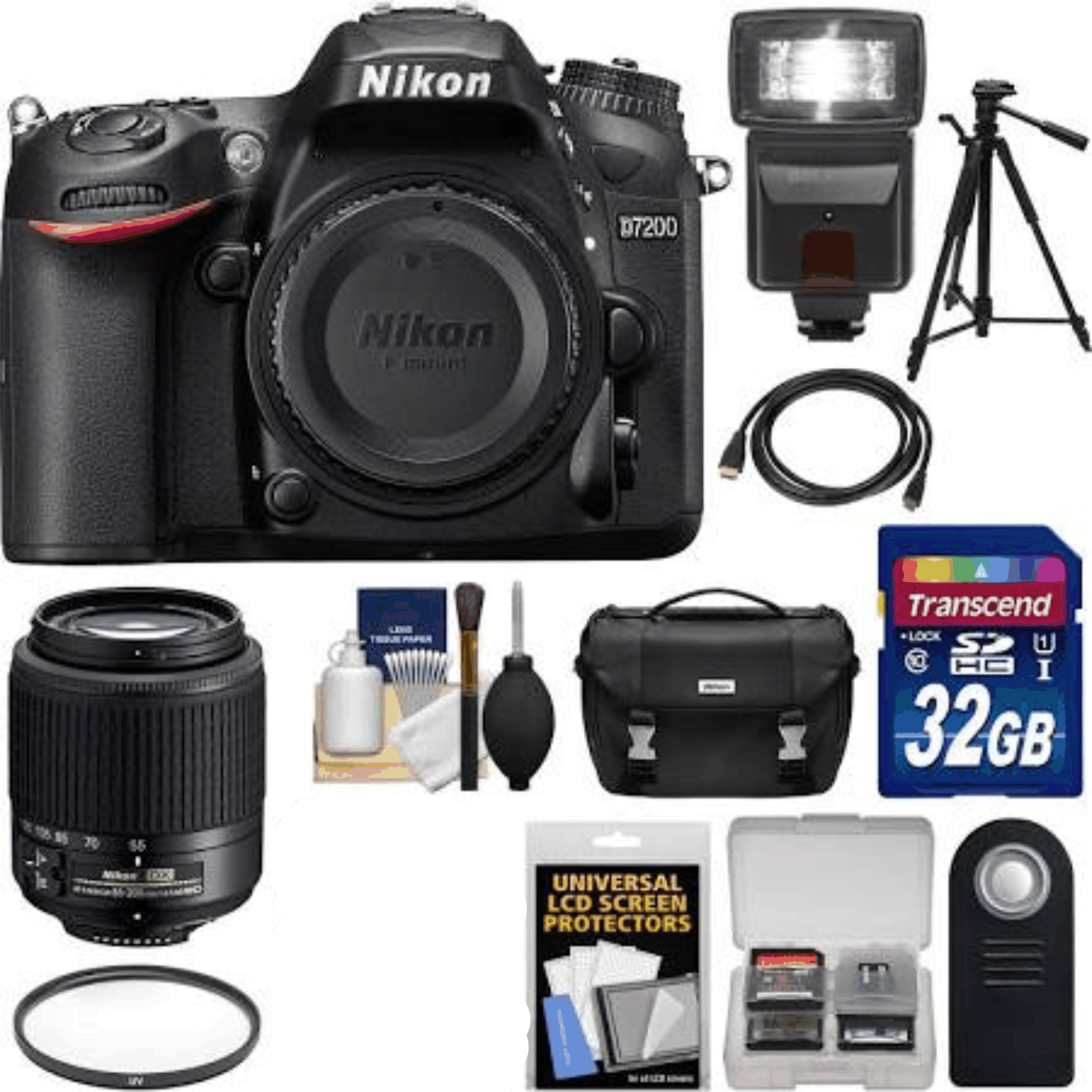 Nikon D7200 Wi-Fi Digital SLR Camera Body with 55-200mm DX AF-S Lens + 32GB Card + Case + Tripod + Flash + Kit 9