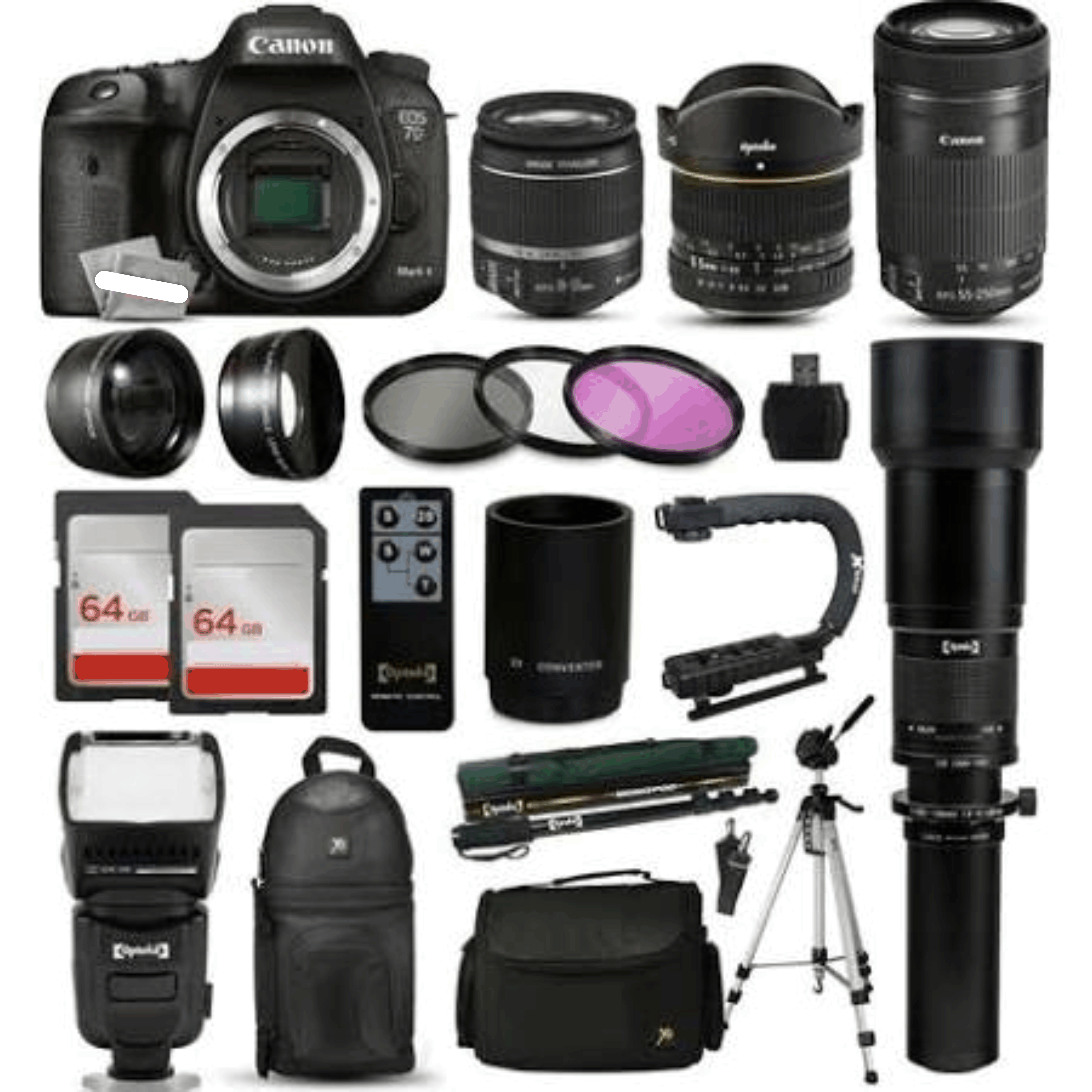 Canon EOS 7D Mark II DSLR Camera + 18-55mm Is II + 6.5mm Fisheye + 55-250mm STM + 650-2600mm + Case + 128GB Accessory Kit 9