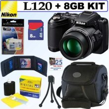  Nikon Coolpix L120 14.1MP Digital Camera Black + 8GB Accessory Kit  