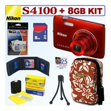 Nikon Coolpix S4100 14MP Digital Camera Red + 8GB Accessory Kit 