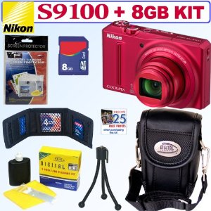 Nikon Coolpix S9100 12.1 MP CMOS Digital Camera Red + 8GB Accessory Ki 