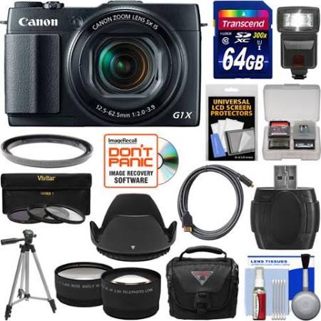 Canon PowerShot G1 X Mark II Wi-Fi Digital Camera with 64GB Card + Case + Flash + Tripod + Filters + Tele/Wide Lens Kit