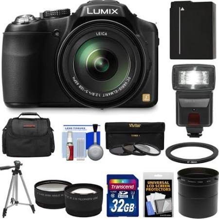 Panasonic Lumix DMC-FZ200 Digital Camera (Black) with 32GB Card + Battery + Case + Flash + Lens Set + Tripod + 3 Filters Kit